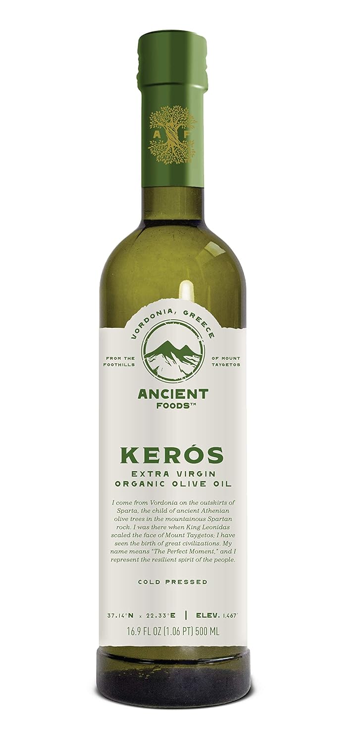 Ancient Foods Keros Organic Extra Virgin Olive Oil Cold Pressed – Greek EVOO, High Polyphenol Olive Oil from 1000 Year Old Trees from Greece – Ideal for Cooking, Salads & Gourmet Dishes – 101oz (3L)