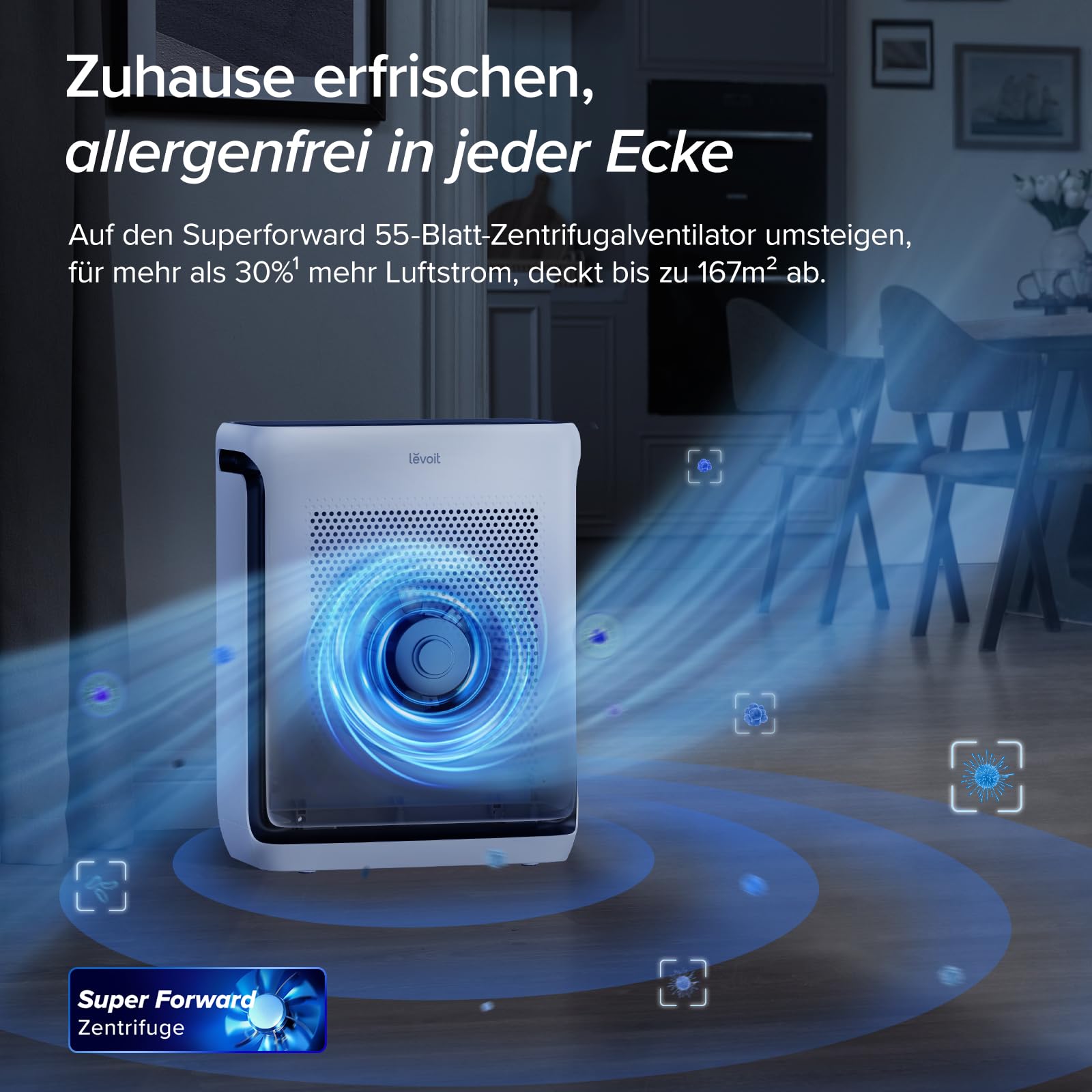 Levoit Luftreiniger mit HEPA Luftfilter gegen 99,97 Prozent Schimmel Staub Pollen Tierhaare, Luftqualitäts-Feedback und Auto-Modus, CADR 240m³/h für Raucherzimmer, bis zu 50m², Weiß