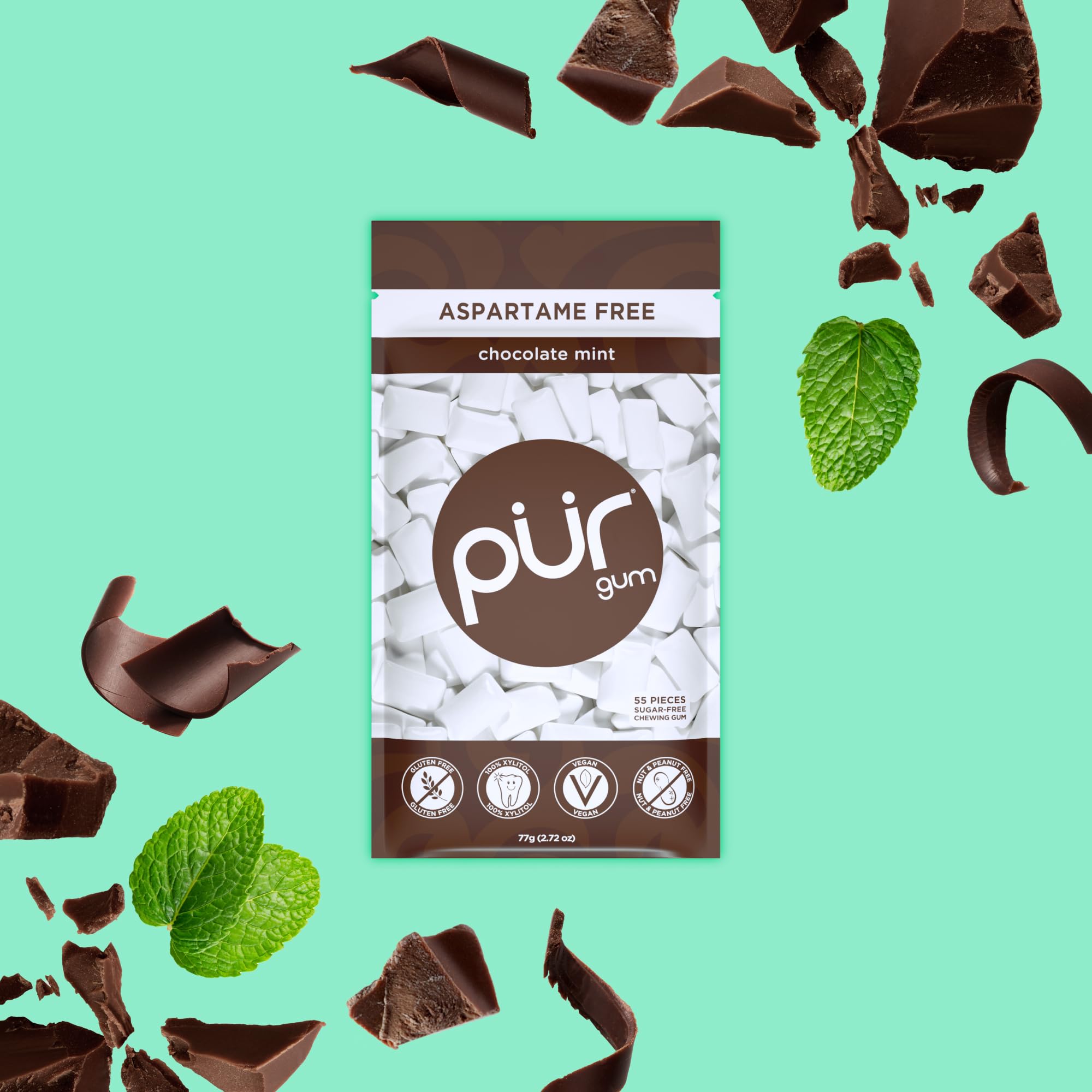 PUR Gum | Zuckerfreier Kaugummi | Mit Xylit | Vegan, Aspartamfrei & Glutenfrei | Natürlicher Kaugummi Mit Spearmint-Geschmack, 55 Stück (3er Pack)
