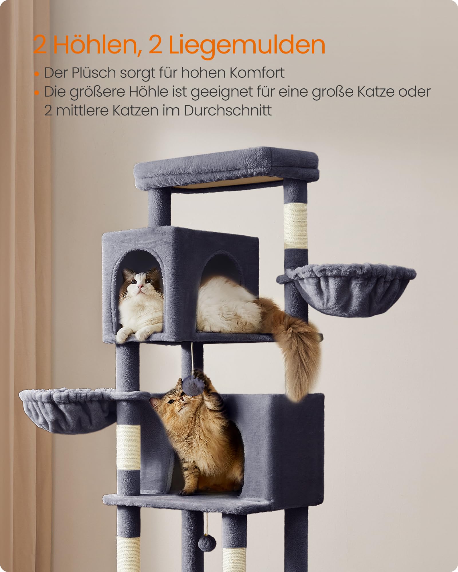 Feandrea Kratzbaum, 175 cm hoch, XL, mehrstöckiger Katzenbaum mit 2 Höhlen, 2 Liegemulden, 5 Kratzsäulen, Katzenbürste, große Plattform, Taubengrau PCT182G01