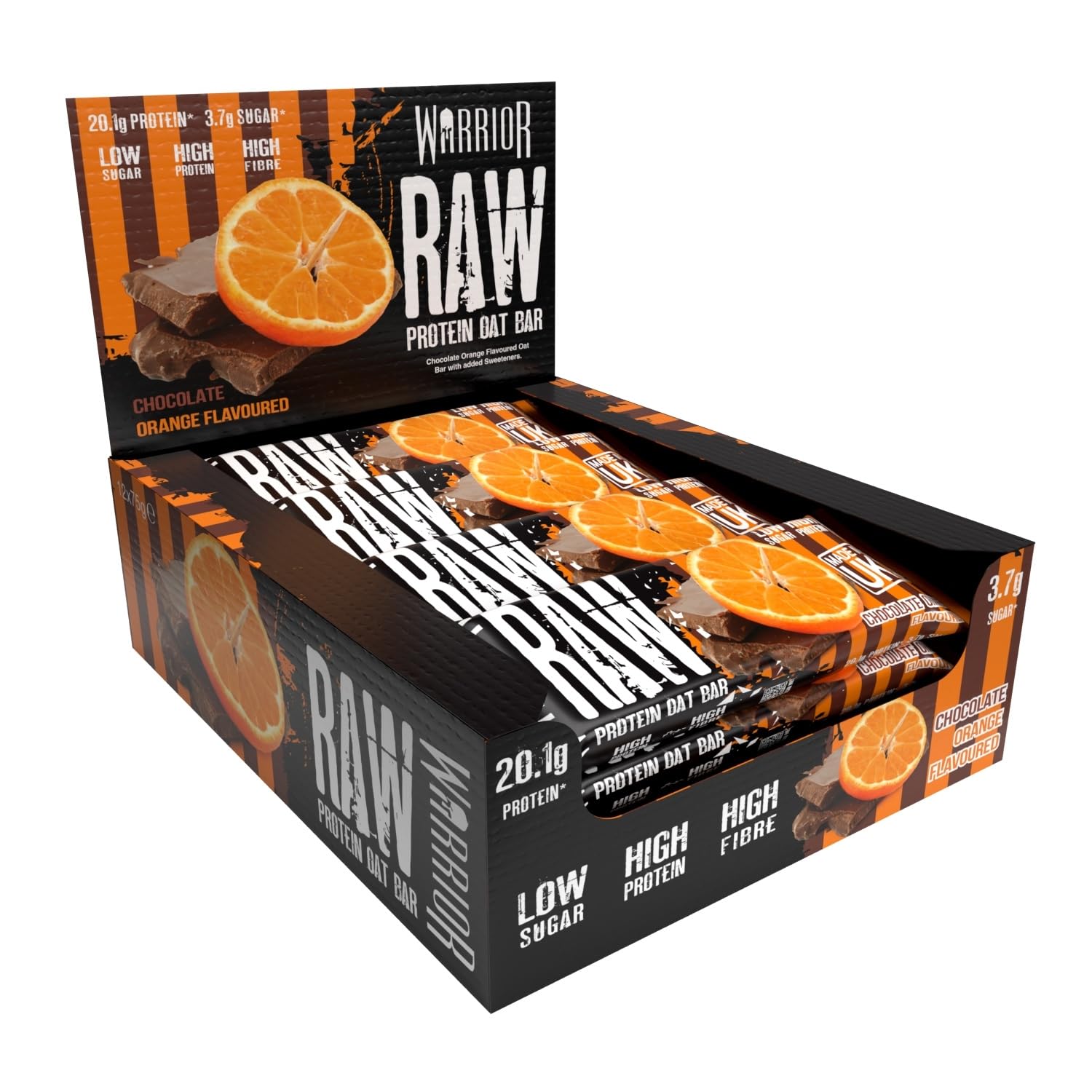Warrior Raw Proteinriegel 12 x 75 g – Ballaststoffreicher Haferriegel mit Protein, High Protein Snack ohne Zucker, Natürlicher Haferflocken Riegel mit Präbiotika – Schoko-Brownie