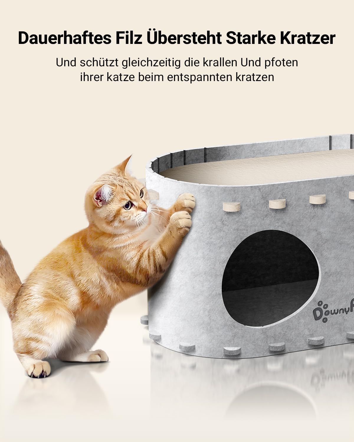 Katzenhöhle Filz, Katzenhaus aus Filz, Katzenbett, Katzenhöhle für Katzen, 58 x 33 x 30cm, Peek-a-Boo zum Spielen, Winterfest, Schutz der Katzennägel, Beige