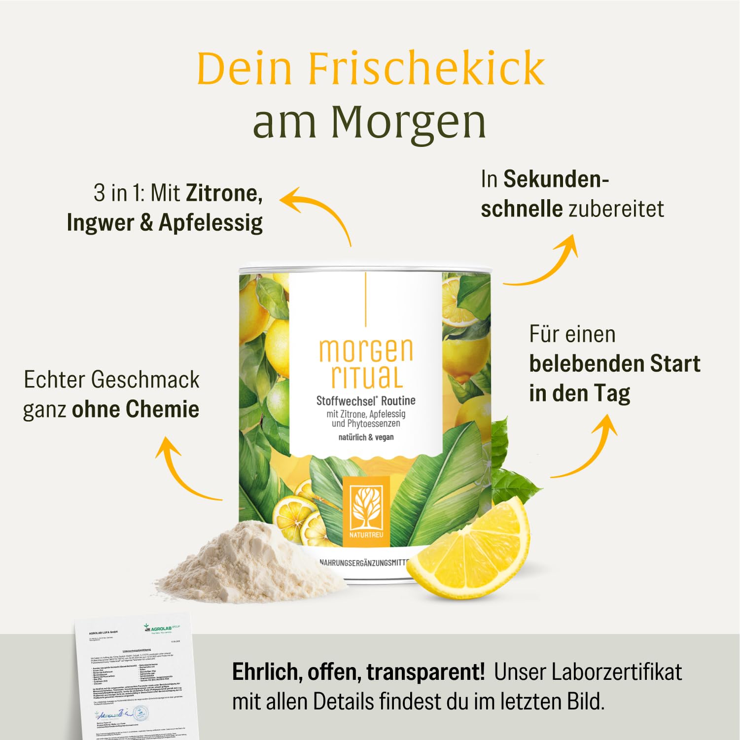 NATURTREU® Morgenritual – 150 g Getränkepulver mit Zitrone, Apfelessig & Ingwer – Mit Vitamin C – Fruchtiger Drink für deine Morgenroutine – Vegan & ohne zugesetzten Zucker