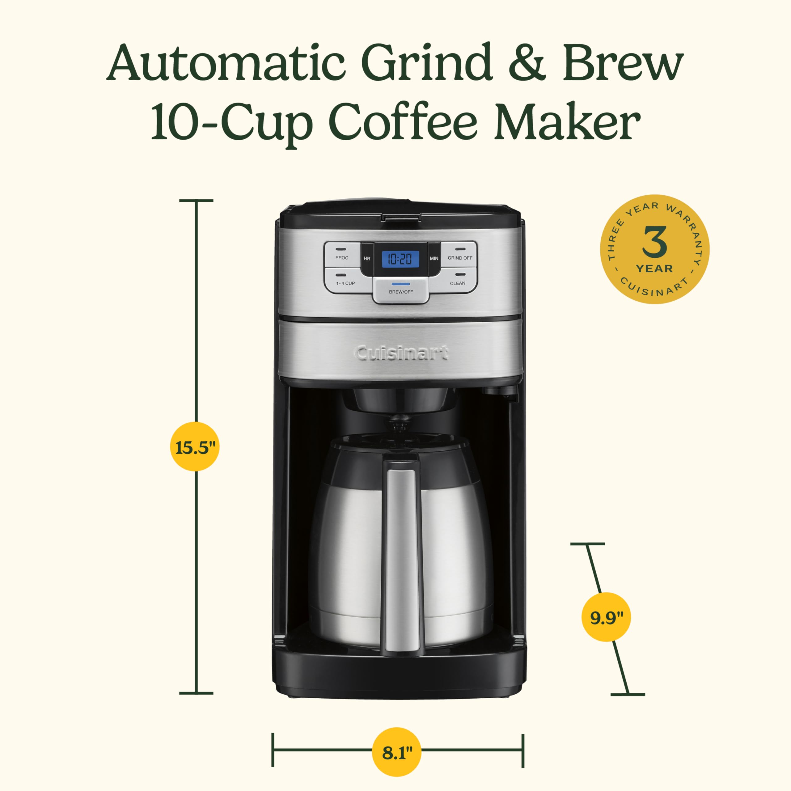 Cuisinart Automatic Grind & Brew 12-Cup Coffee Maker with Blade Grinder, Programmable Coffee Machine Glass Carafe with 1-4 Cup Setting, Brew Pause, Grind-Off Option, DGB-400NAS, Black/Stainless Steel