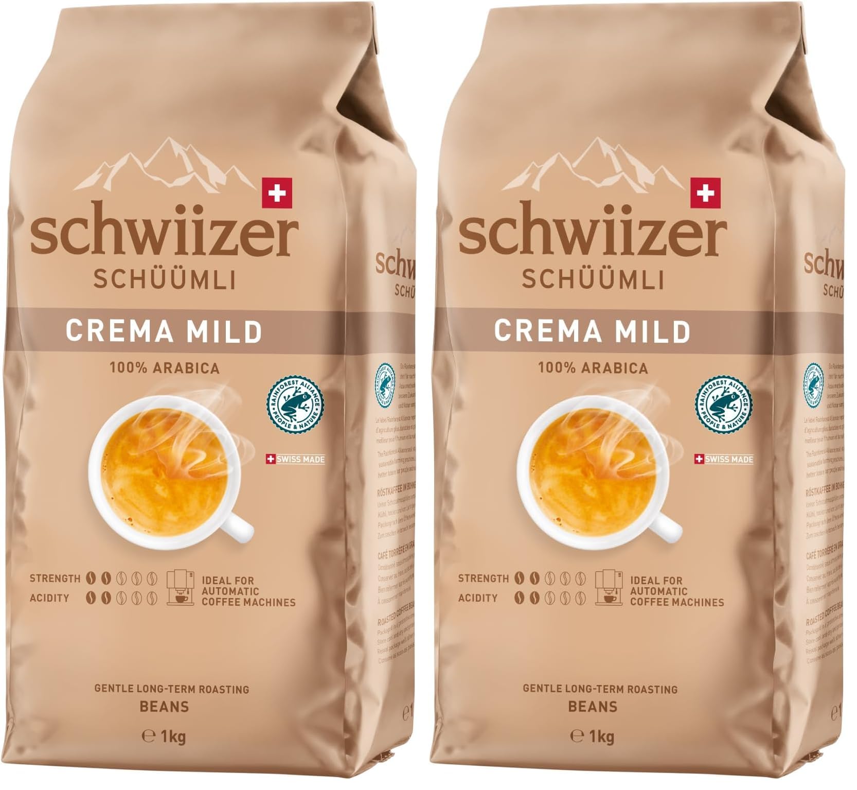 Schwiizer Schüümli Espresso, 100% Arabica Kaffeebohnen, kräftig-intensiv, ideal für Vollautomaten, Stärke 4/5, mittlere Röstung, Rainforest Alliance, 1kg