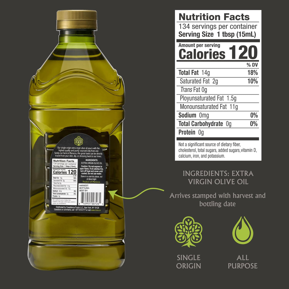 Mina Moroccan Olive Oil Extra Virgin 68 Fl Oz, New Harvest, Polyphenol Rich Olive Oil, Single Origin Extra Virgin Olive Oil, Cold Extraction, Less than 0.2% Acidity, 2 L