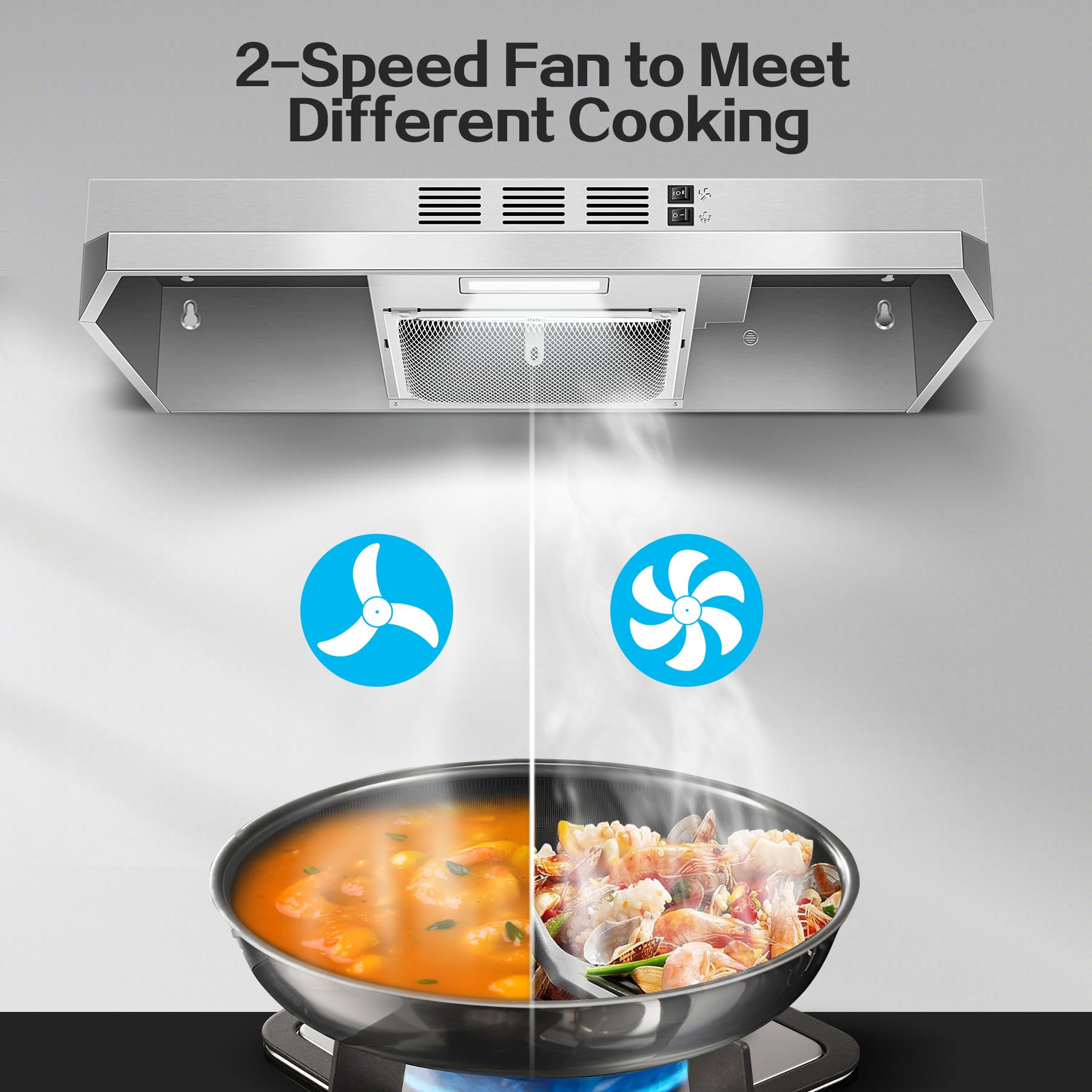 Range Hood 30 inch Under Cabinet, Stainless Steel Kitchen Vent Hood 280CFM, Built-in Kitchen Stove Hood w/Rocker Button Control, Ducted/Ductless Convertible Duct, 2 Speeds Fan, Bright LED Light