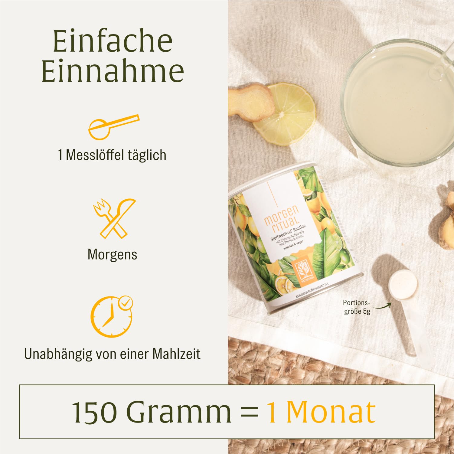 NATURTREU® Morgenritual – 150 g Getränkepulver mit Zitrone, Apfelessig & Ingwer – Mit Vitamin C – Fruchtiger Drink für deine Morgenroutine – Vegan & ohne zugesetzten Zucker