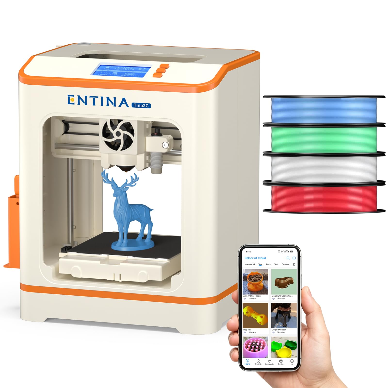Entina Tina2C 3D Printer for Kids & Beginners, Fully Assembled Starter Mini 3D Printer, Start in 8 Mins, App & WiFi Control, Auto Leveling, 3000+ Model Library, 20+ Creative DIY Modules for STEM, Home