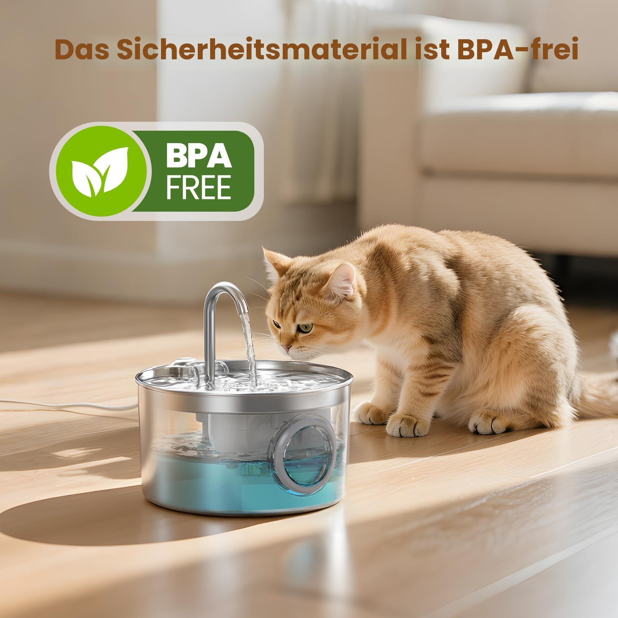 Katzenbrunnen Edelstahl Trinkbrunnen für Katze: Katzenbrunnen für Katzen - 2.2L Wasserbrunnen für Katzen mit 1 Filter und 1 Schwamm - Automatisch Katzentrinkbrunnen für Hunde mit Sichtfenster