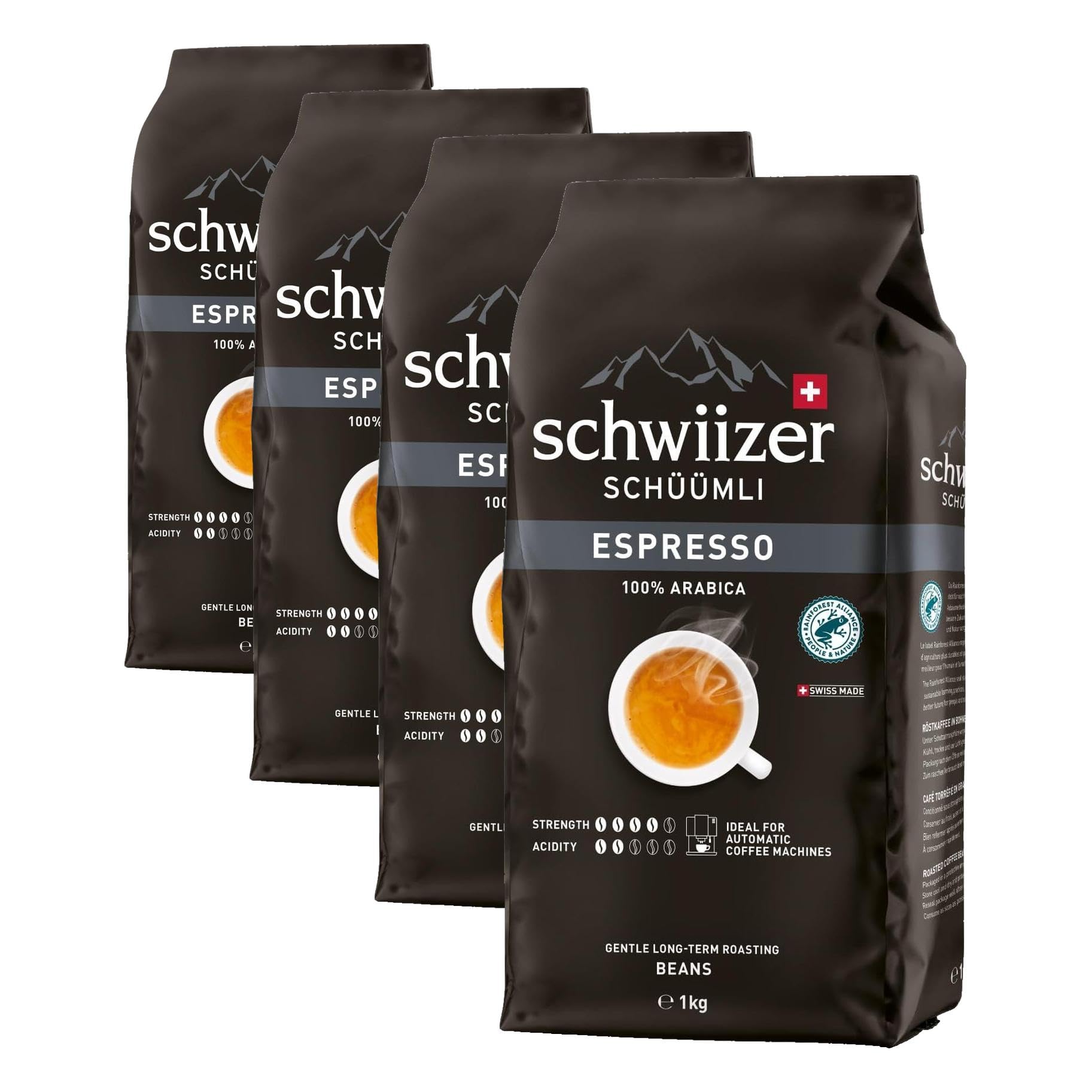 Schwiizer Schüümli Espresso, 100% Arabica Kaffeebohnen, kräftig-intensiv, ideal für Vollautomaten, Stärke 4/5, mittlere Röstung, Rainforest Alliance, 1kg