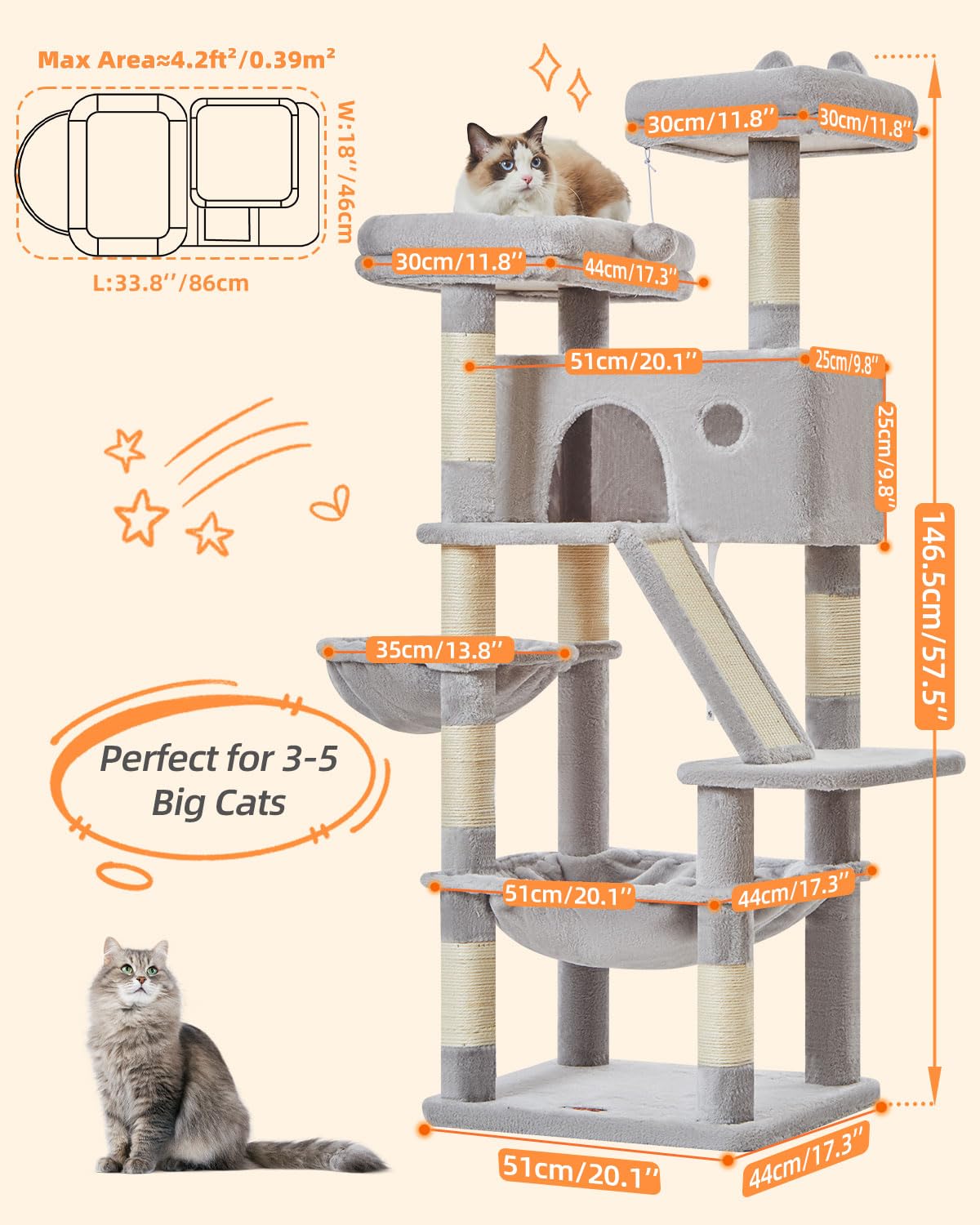 Taoqimiao 180CM Kratzbaum Groß, Katzenbaum Katzen Kratzbaum Grosse Katzen Stabil mit 2 Katzenhaus, Metallhängematte, Korb, 8 Kratzsäulen, Katzenkratztafel, MS026LM Beige