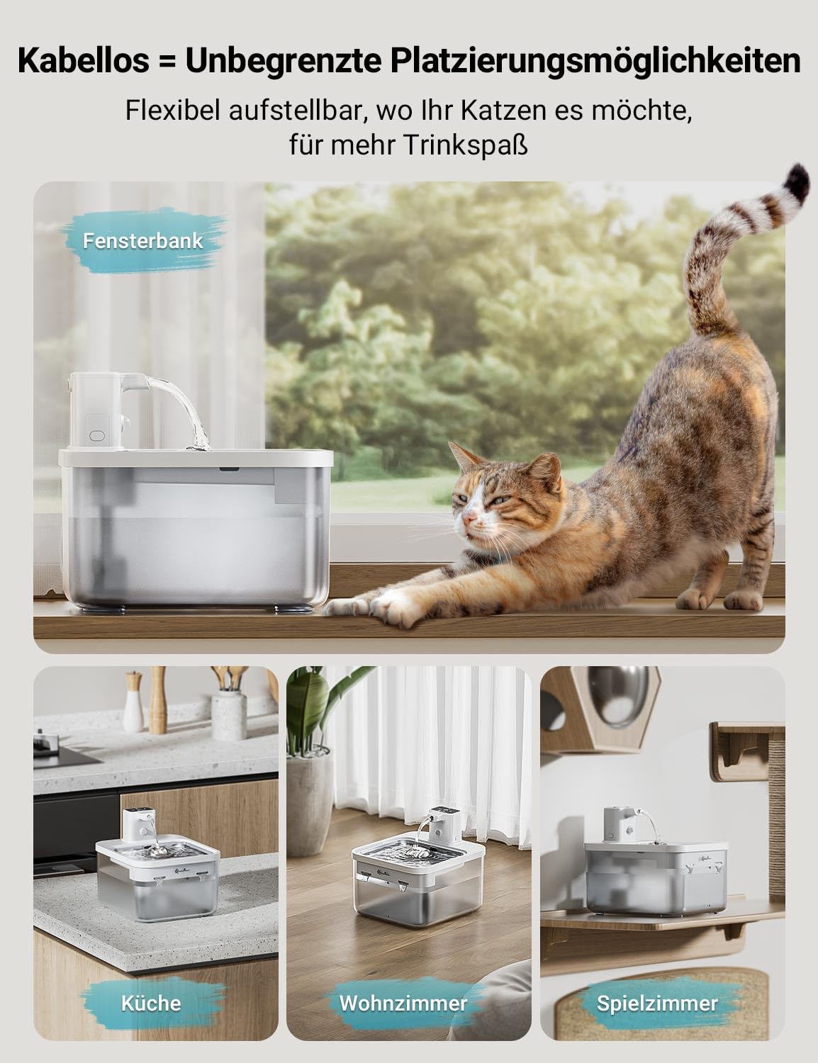 DownyPaws 2.5L Trinkbrunnen für Katze Kabellos, Katzenbrunnen Kabellos mit Bewegungsmelder, Batteriebetrieben Katzentrinkbrunnen, 4000mAh, Leise Wasserpumpe, Tablett aus Edelstahl für Katze, Schwarz