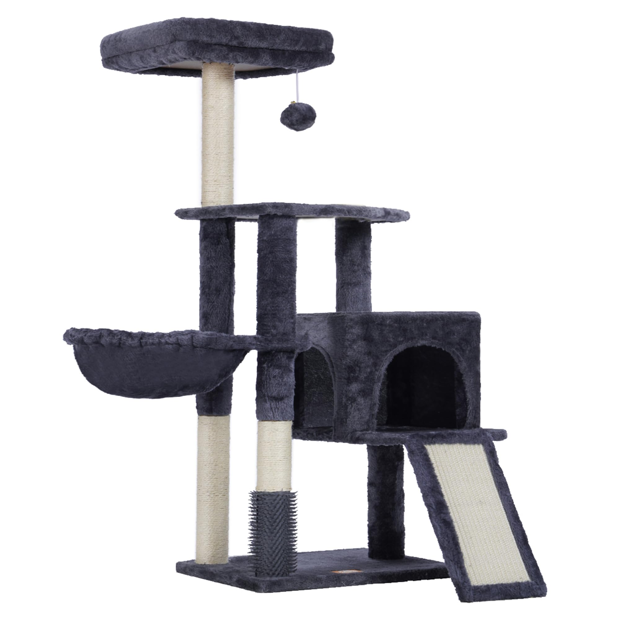 Heybly Kratzbaum mit Katzenbürste, Katzenbaum für Hauskatzen mit Gepolsterter Sitzstange aus Plüsch, Katzenkratzbaum mit Korb, Kratzbrett und Kratzbaum, Hellgrau HCT005SW