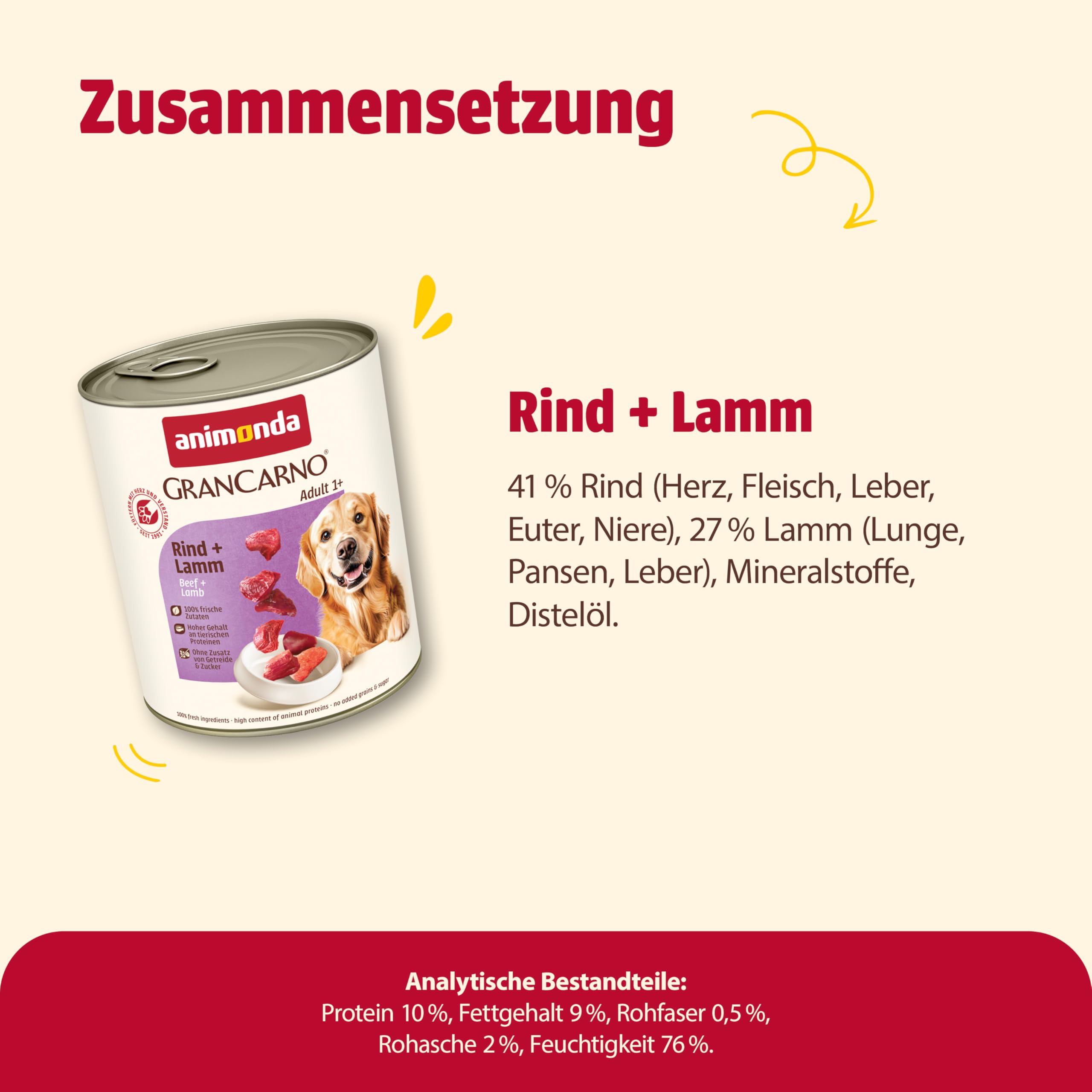 animonda GranCarno Hunde Nassfutter mit Rind + Entenherzen (6 x 800 g), getreidefreies Hundenassfutter ohne Zucker, für ausgewachsene Hunde, mit frischen fleischigen Zutaten