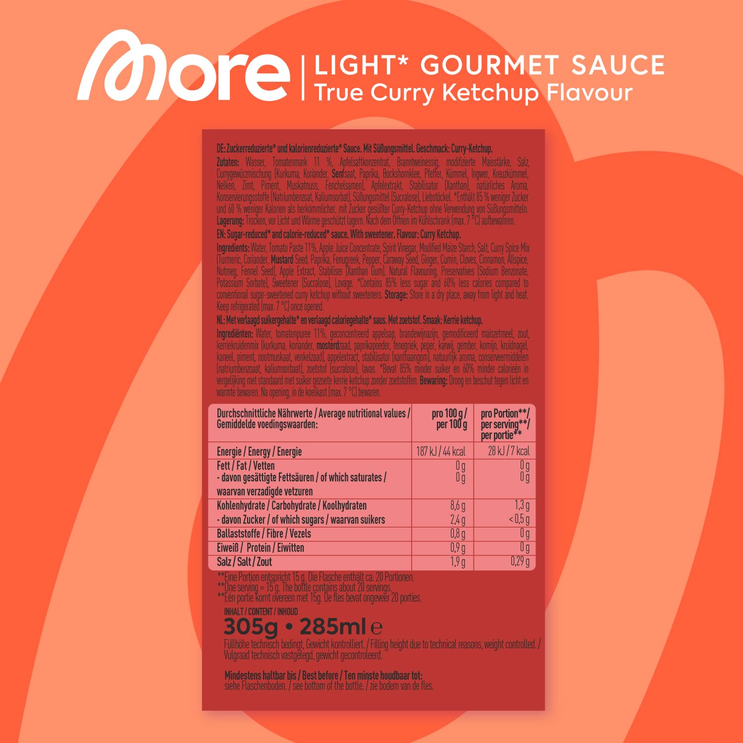 MORE NUTRITION Light Gourmet Sauce, 285ml - BBQ, kalorienreduzierte Sauce, ohne Zuckerzusatz und unnötigem Fett