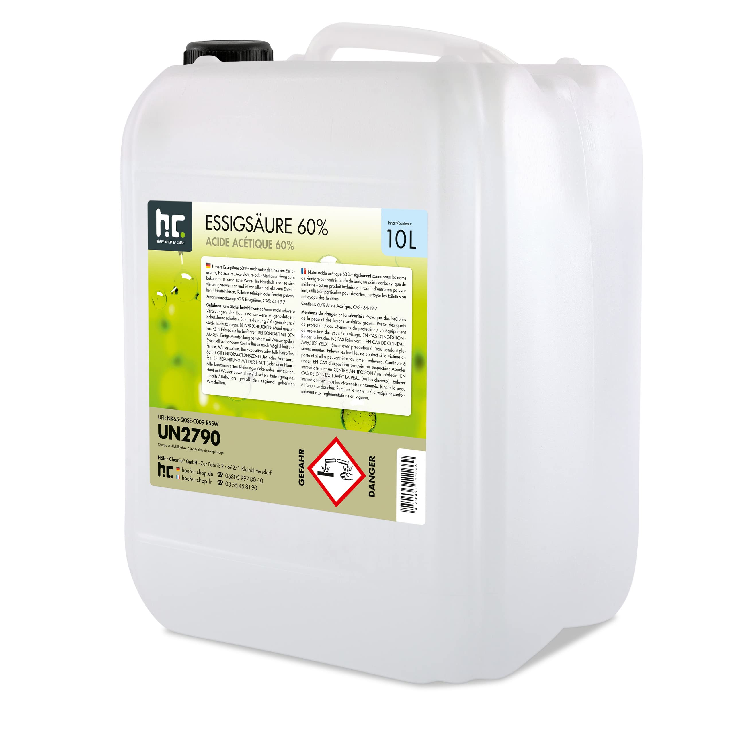 Höfer Chemie 2 x 10 L Essigsäure 60% - optimaler Reiniger und Entkalker - Premium Qualität Made in Germany - frisch abgefüllt im handlichen Kanister