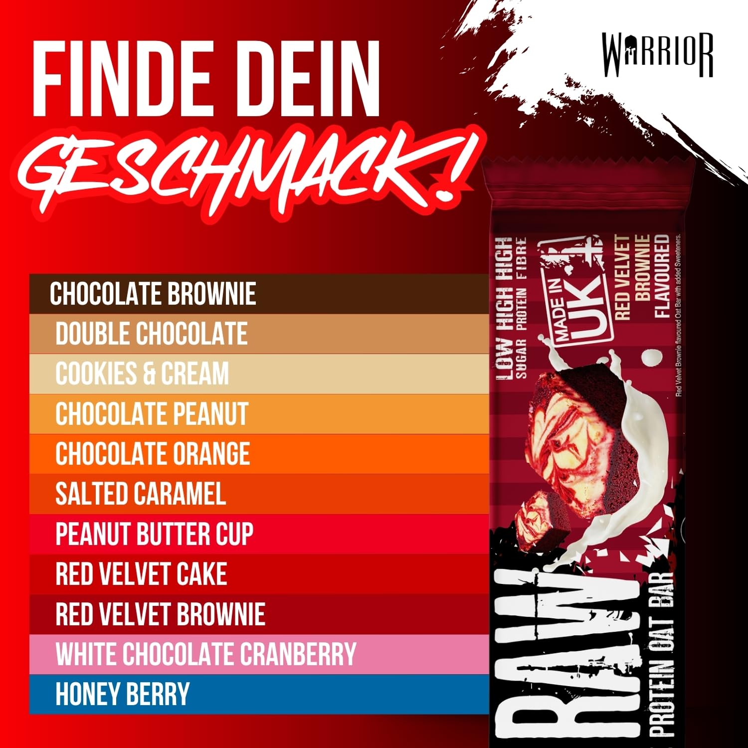 Warrior Raw Proteinriegel 12 x 75 g – Ballaststoffreicher Haferriegel mit Protein, High Protein Snack ohne Zucker, Natürlicher Haferflocken Riegel mit Präbiotika – Schoko-Brownie