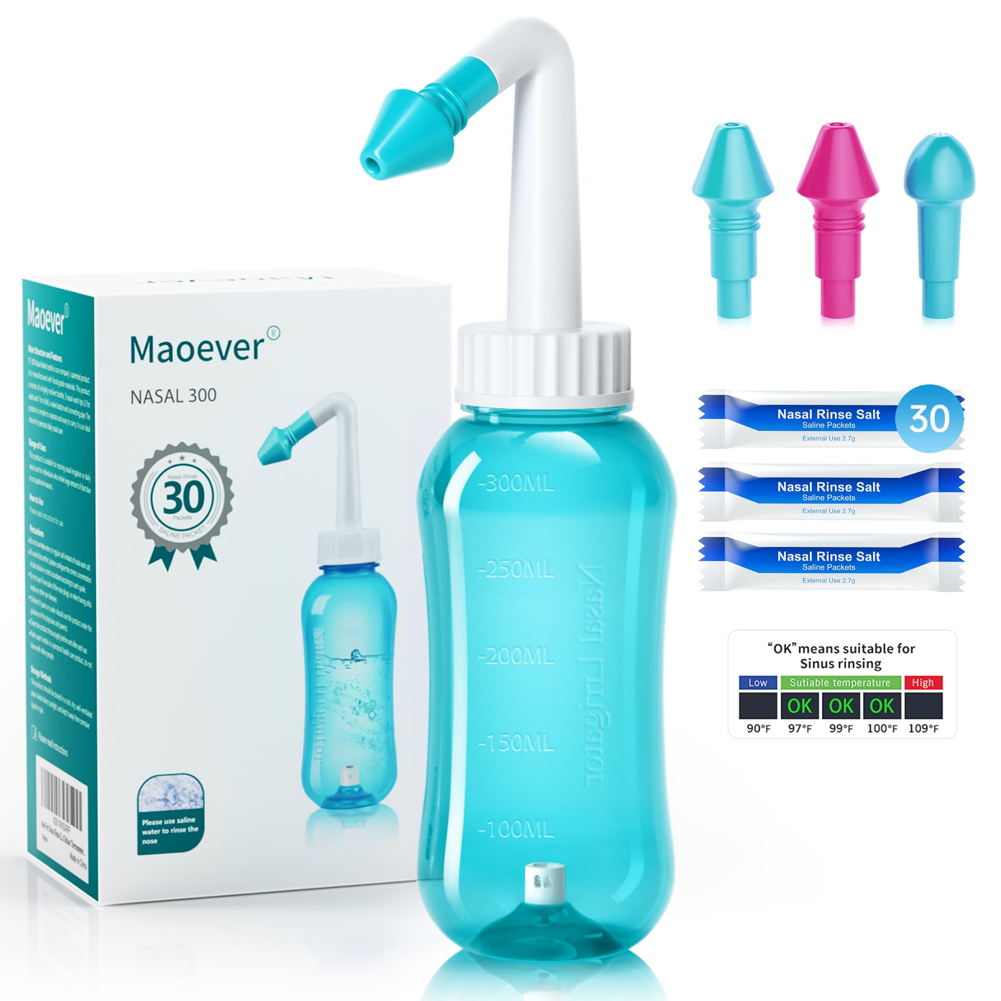 Nasendusche Set, Nasenspülkanne zur Nasenreinigung und Nasenspülung，BPA-frei, 300 ml, mit 30 Nasenwasch-Salzpaketen und Aufkleberthermometer