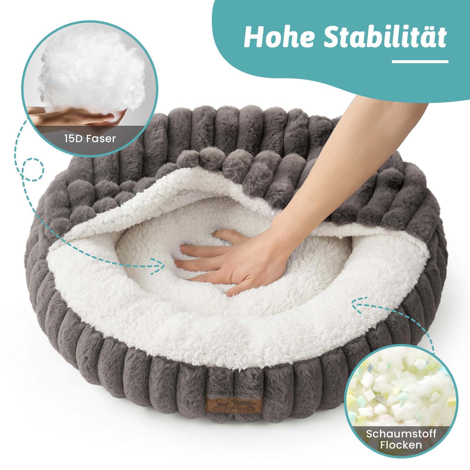 COZY KISS Katzenbett mit Decke 50x50x15cm - Flauschige Kleine Katzenhöhle - Kissen, Runde kleine Hundebett mit Rutschfester Unterseite, Katzensofa mit Kopfstütze aus Kunstfell, Waschbares, Creme