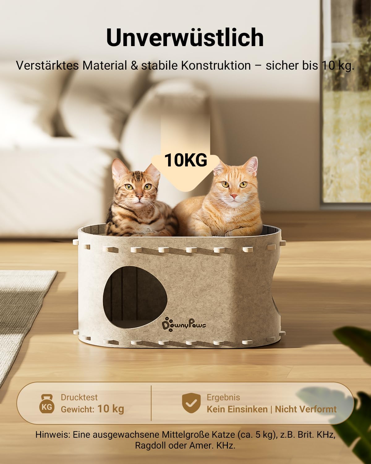 Katzenhöhle Filz, Katzenhaus aus Filz, Katzenbett, Katzenhöhle für Katzen, 58 x 33 x 30cm, Peek-a-Boo zum Spielen, Winterfest, Schutz der Katzennägel, Beige