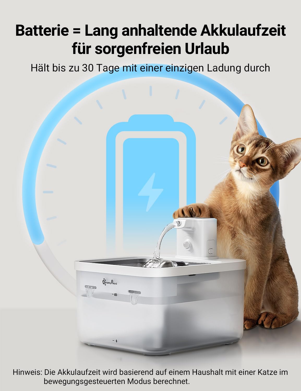 DownyPaws 2.5L Trinkbrunnen für Katze Kabellos, Katzenbrunnen Kabellos mit Bewegungsmelder, Batteriebetrieben Katzentrinkbrunnen, 4000mAh, Leise Wasserpumpe, Tablett aus Edelstahl für Katze, Schwarz