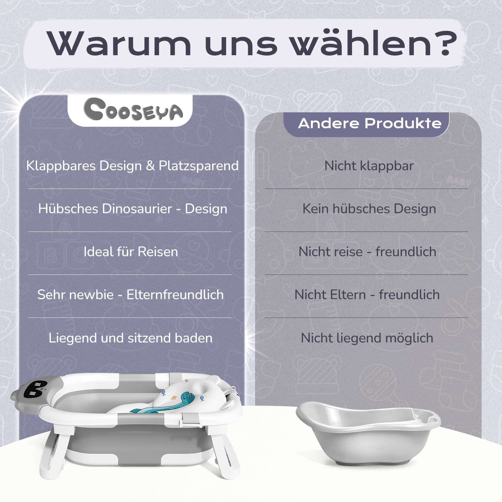 COOSEYA Baby Badewanne für 0-18 Monate, Faltbare Babywanne mit Babybadewanne Stützkissen, Portable Baby Bathtub als Wesentliche Artikel für Neugeborene und Kleinkind, Dinosaurier - Design (Grau)