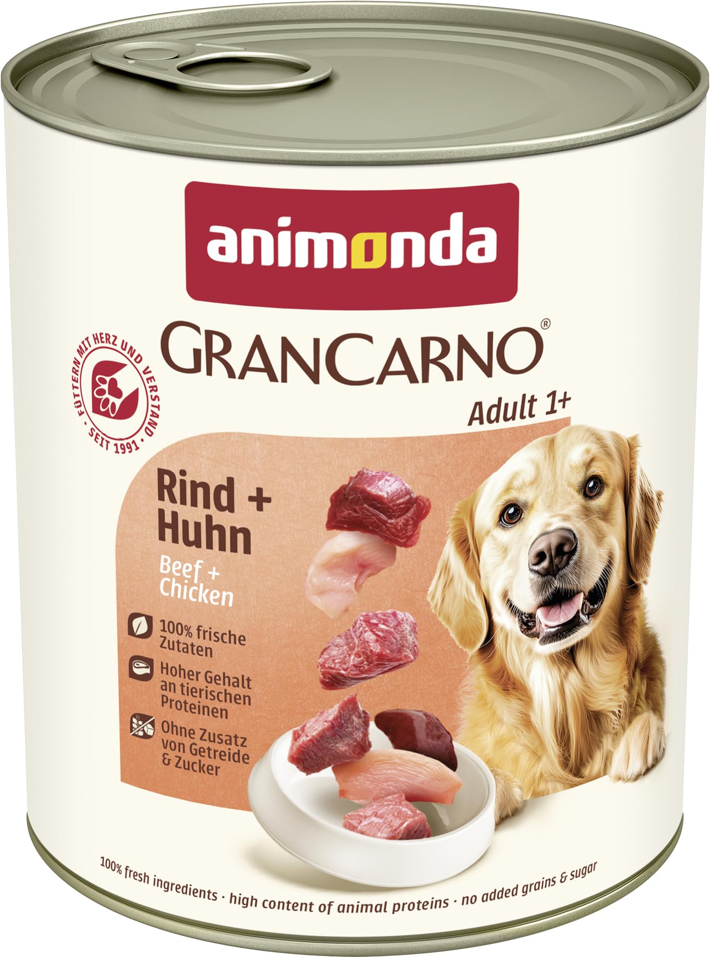 animonda GranCarno Hunde Nassfutter mit Rind + Entenherzen (6 x 800 g), getreidefreies Hundenassfutter ohne Zucker, für ausgewachsene Hunde, mit frischen fleischigen Zutaten