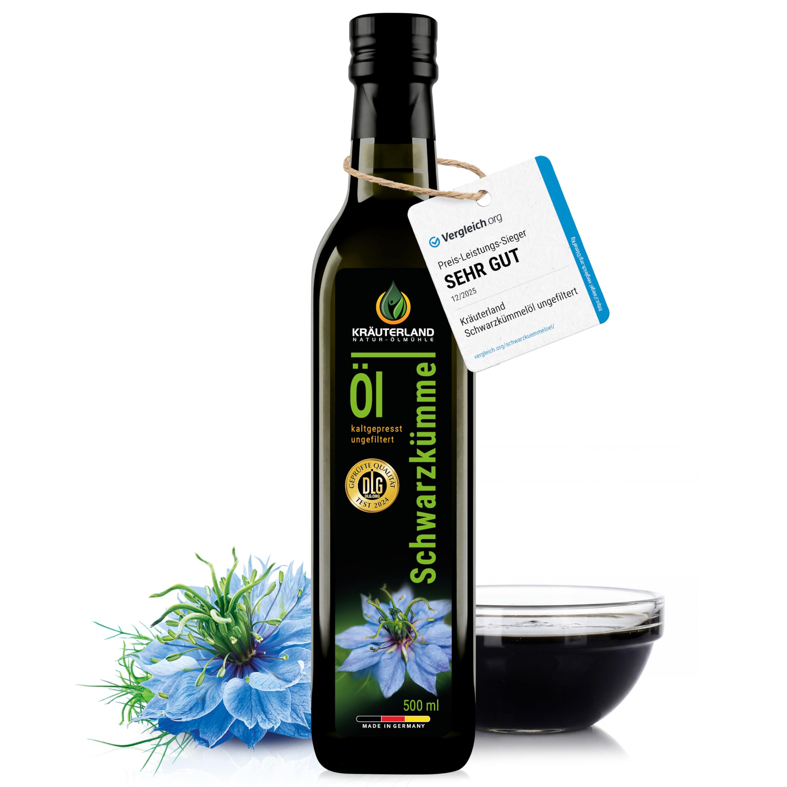 Kräuterland Schwarzkümmelöl 500ml, kaltgepresst & ungefiltert, hoher Thymochinon‑Anteil, ägyptische Samen, mühlenfrisch, 100 % Nigella sativa, naturrein ohne Zusatzstoffe, lichtgeschützten Glas