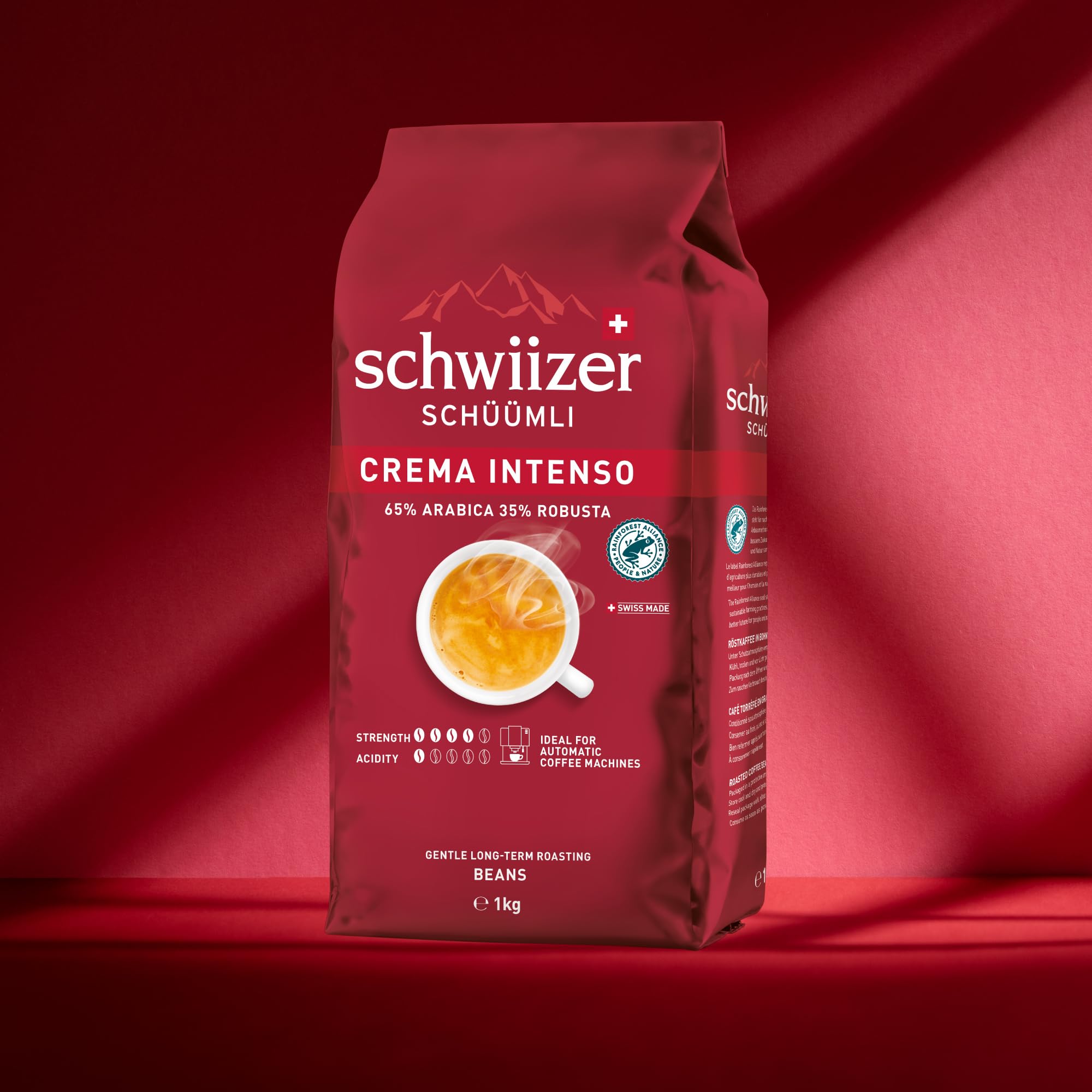 Schwiizer Schüümli Espresso, 100% Arabica Kaffeebohnen, kräftig-intensiv, ideal für Vollautomaten, Stärke 4/5, mittlere Röstung, Rainforest Alliance, 1kg