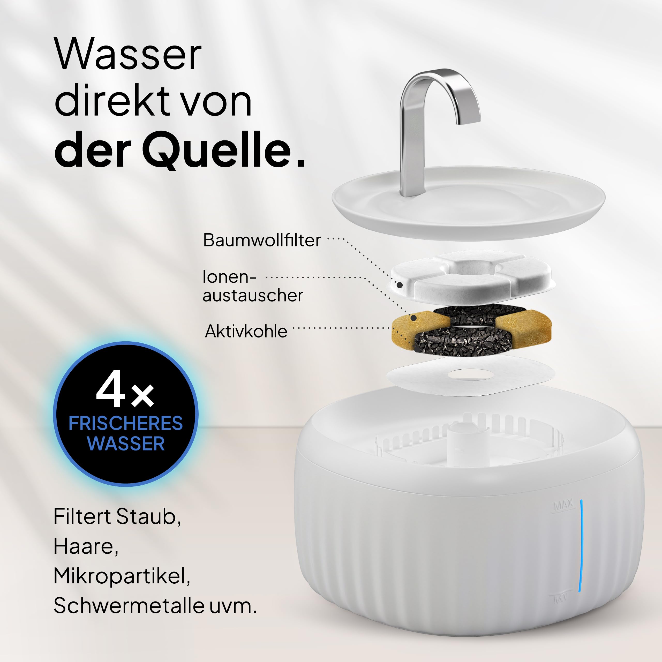 PrettyPaw Katzenbrunnen - Super leiser, BPA-freier 3L Trinkbrunnen für Katze mit LED und Aktivkohlefilter - Leicht zu reinigender Katzen Trinkbrunnen - Aqua Flow (Schwarz)
