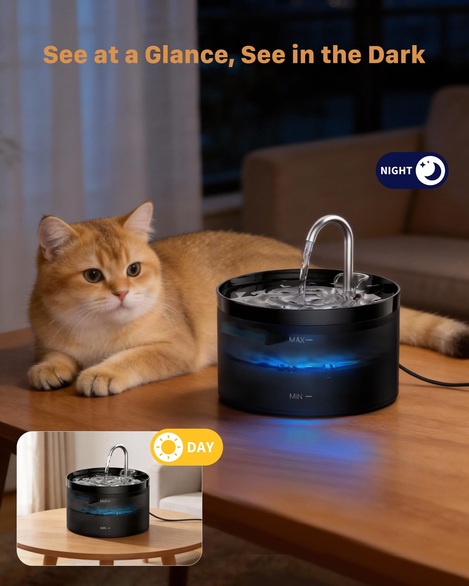 GIOTOHUN Katzenbrunnen Trinkbrunnen für Katze: 2L Katzenbrunnen für Katzen - Katzen Trinkbrunnen Super Silent - Eingebautes LED Licht - Aktivkohlefilter - Durchsichtiger Wassertank - Schwarz