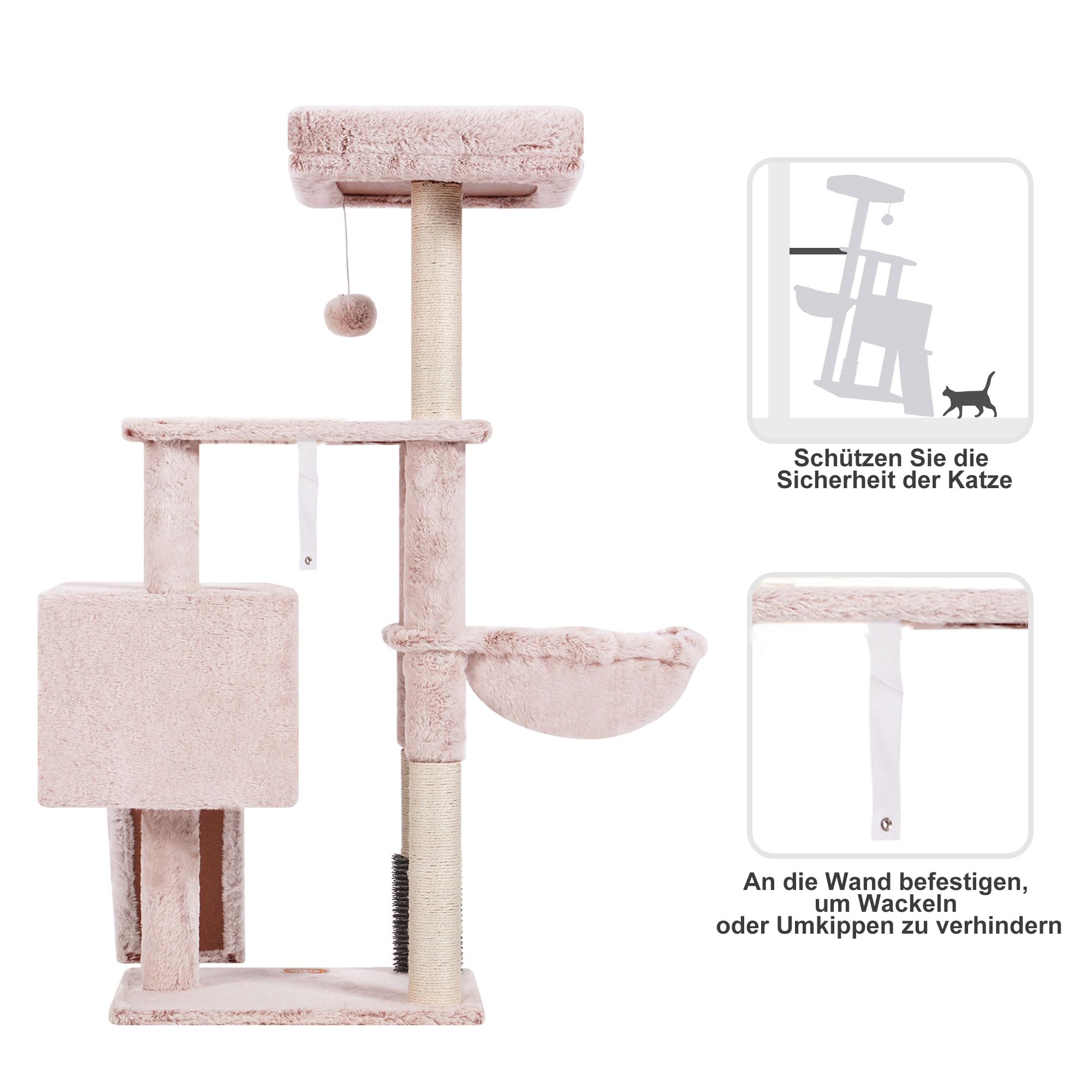 Heybly Kratzbaum mit Katzenbürste, Katzenbaum für Hauskatzen mit Gepolsterter Sitzstange aus Plüsch, Katzenkratzbaum mit Korb, Kratzbrett und Kratzbaum, Hellgrau HCT005SW