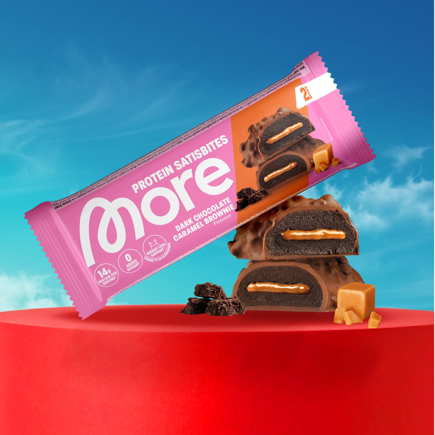 MORE Protein Satisbites, 12er Box Proteinriegel, 12 x 2 x 25 g, White Chocolate Strawberry Cream, bis zu 16 g Protein pro Portion, ohne Zuckerzusatz, made in Germany