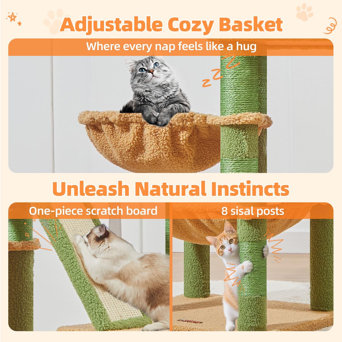 Taoqimiao 180CM Kratzbaum Groß, Katzenbaum Katzen Kratzbaum Grosse Katzen Stabil mit 2 Katzenhaus, Metallhängematte, Korb, 8 Kratzsäulen, Katzenkratztafel, MS026LM Beige