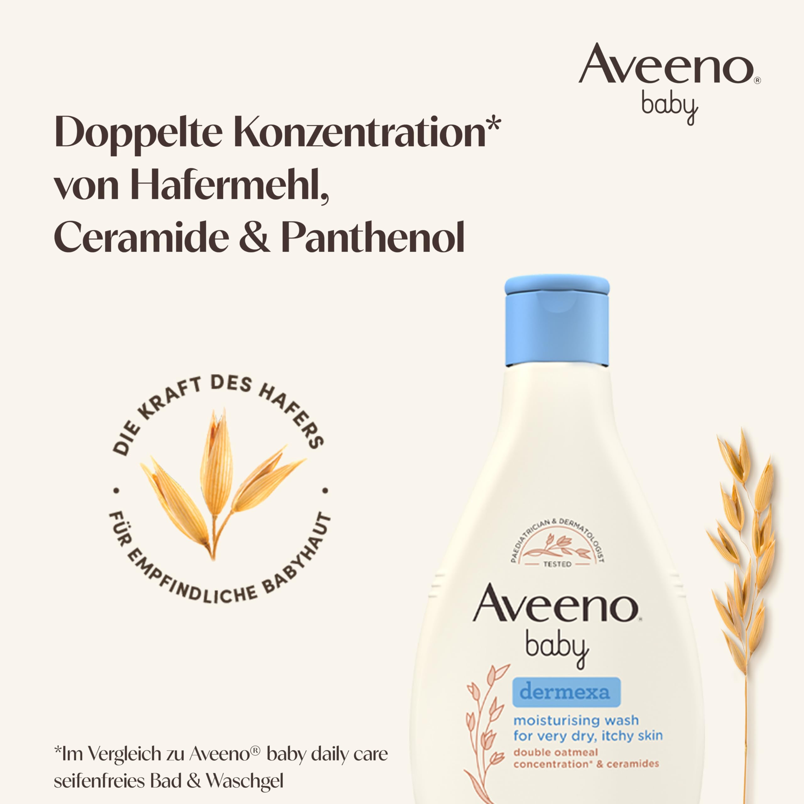 Aveeno® baby dermexa Emollientien Creme mit präbiotischem Hafermehl, Ceramiden & Panthenol für sehr trockene, juckende und zu Neurodermitis neigende Haut, 150 ml