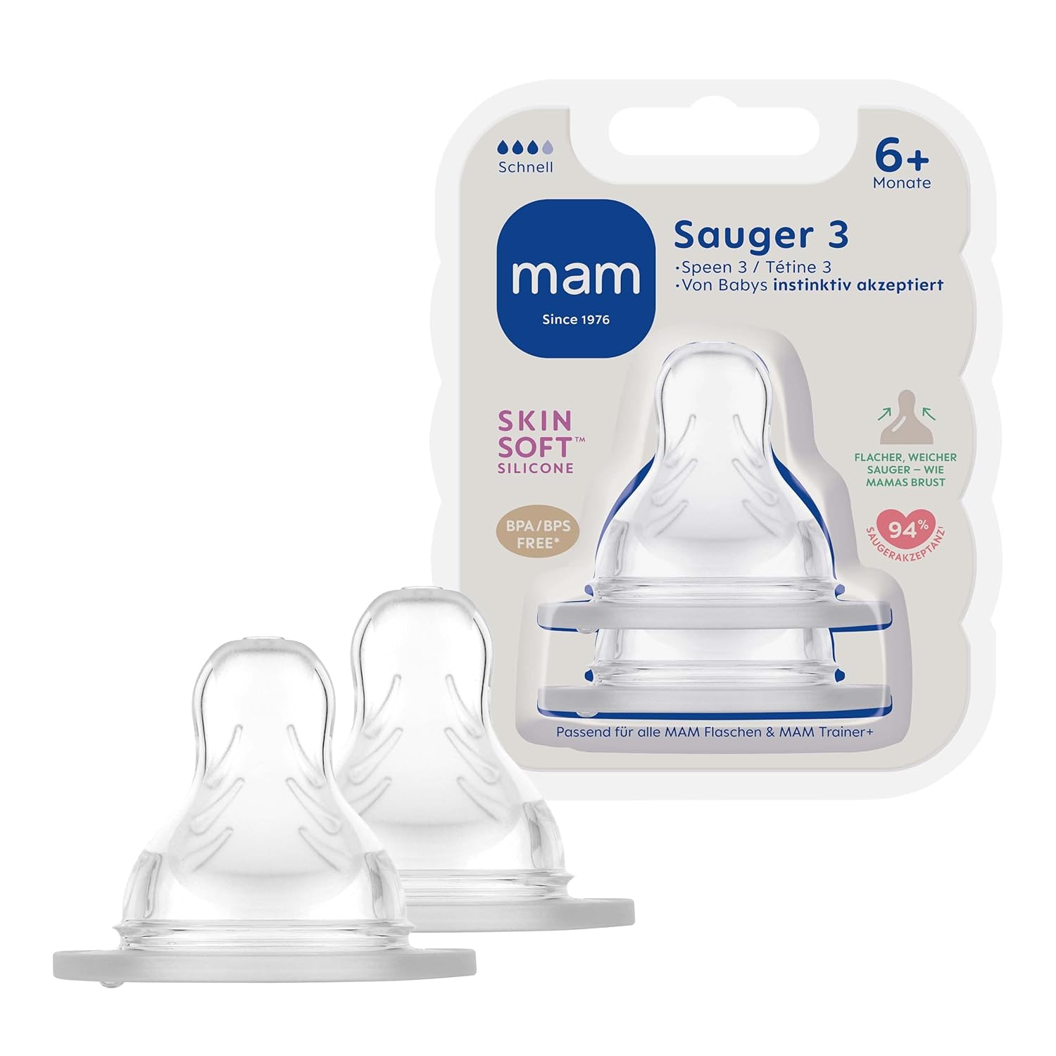 MAM Sauger Größe 1 im Doppelpack, Flaschensauger (Durchflussrate langsam), weicher Trinksauger passend für Flaschen/Trainer, ab der Geburt