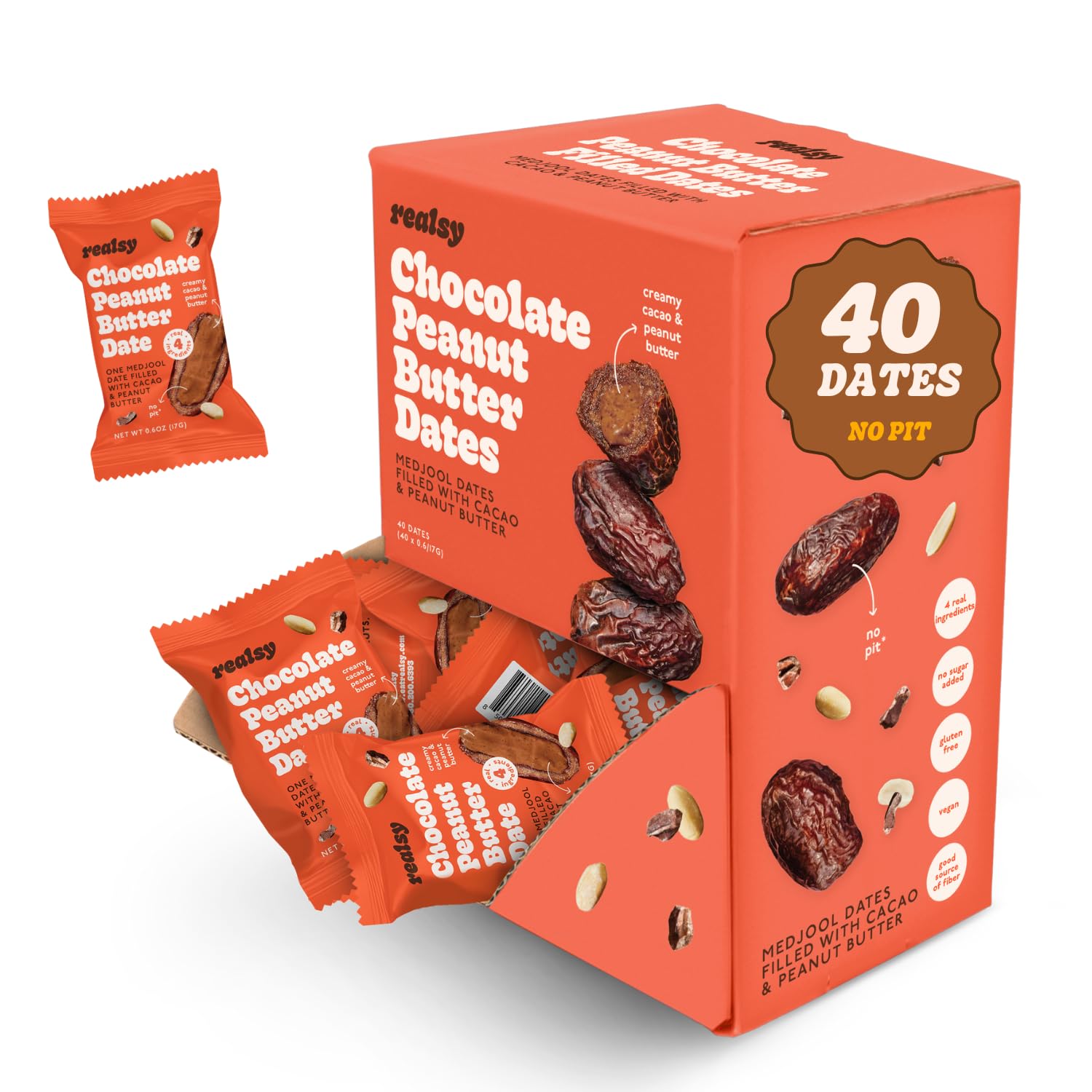 Realsy Stuffed Medjool Dates, Organic Dates with No Sugar Added, Gluten-Free, Vegan, All-Natural Healthy Snack, Individually Wrapped (40 ct) (Peanut Butter)