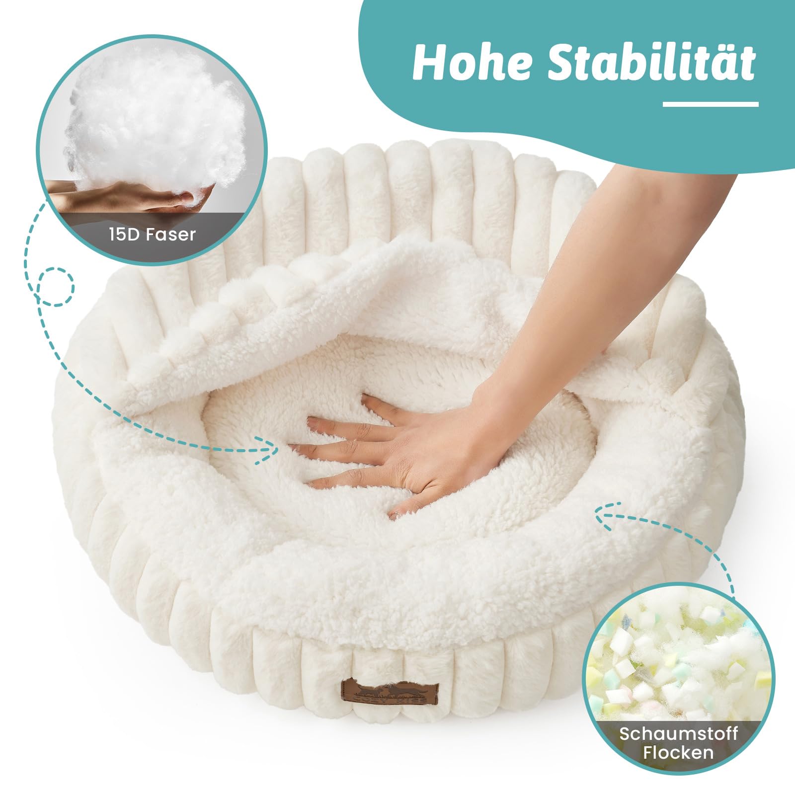 COZY KISS Katzenbett mit Decke 50x50x15cm - Flauschige Kleine Katzenhöhle - Kissen, Runde kleine Hundebett mit Rutschfester Unterseite, Katzensofa mit Kopfstütze aus Kunstfell, Waschbares, Creme