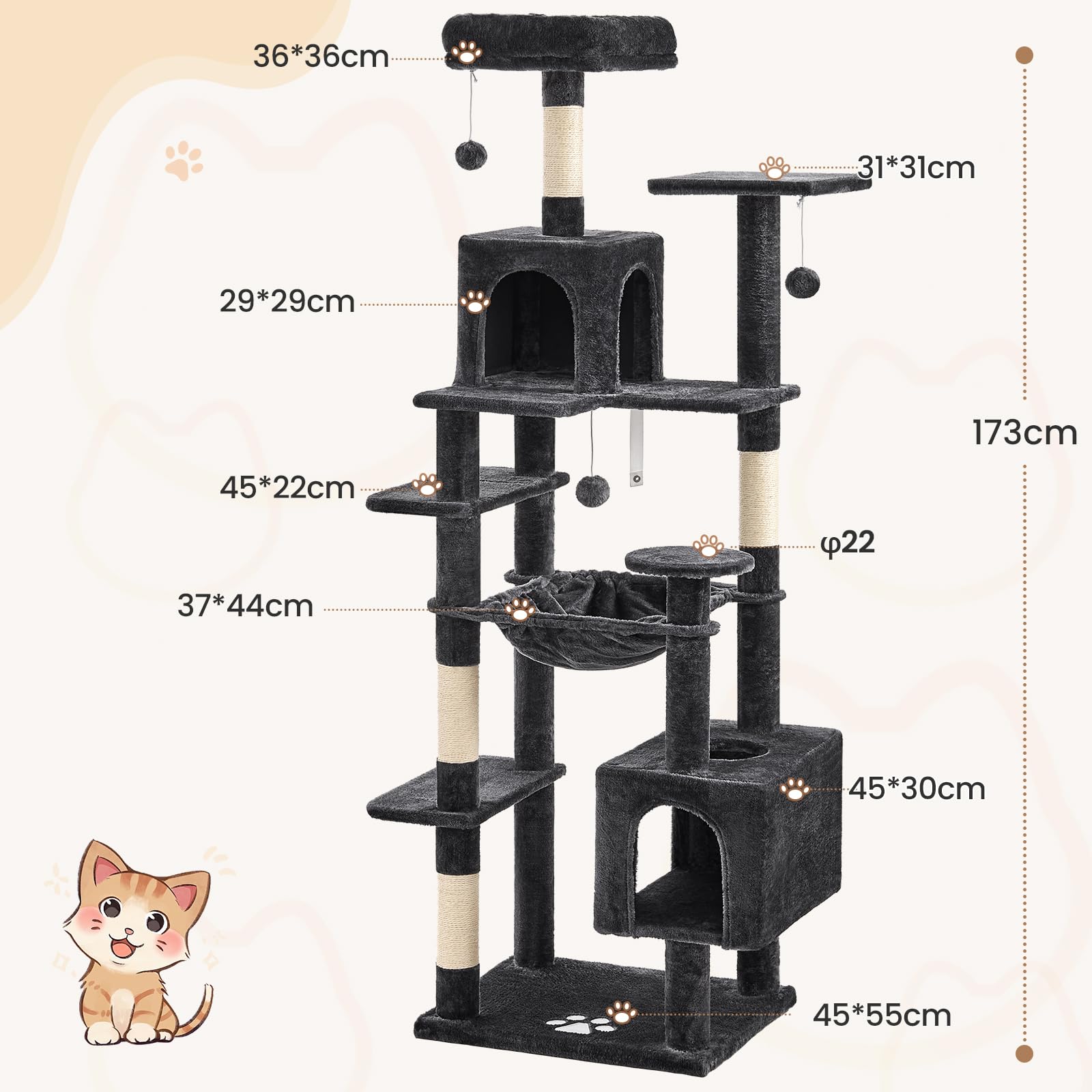 MSmask Kratzbaum groß, L Katzenbaum Stabil, Katzenkratzbaum mit 2 Plattformen, 2 Katzenhöhlen, Hängematte, Sisalsäulen, mehrstöckiger Kletterbaum für Katzen (Hellgrau, 160 cm)