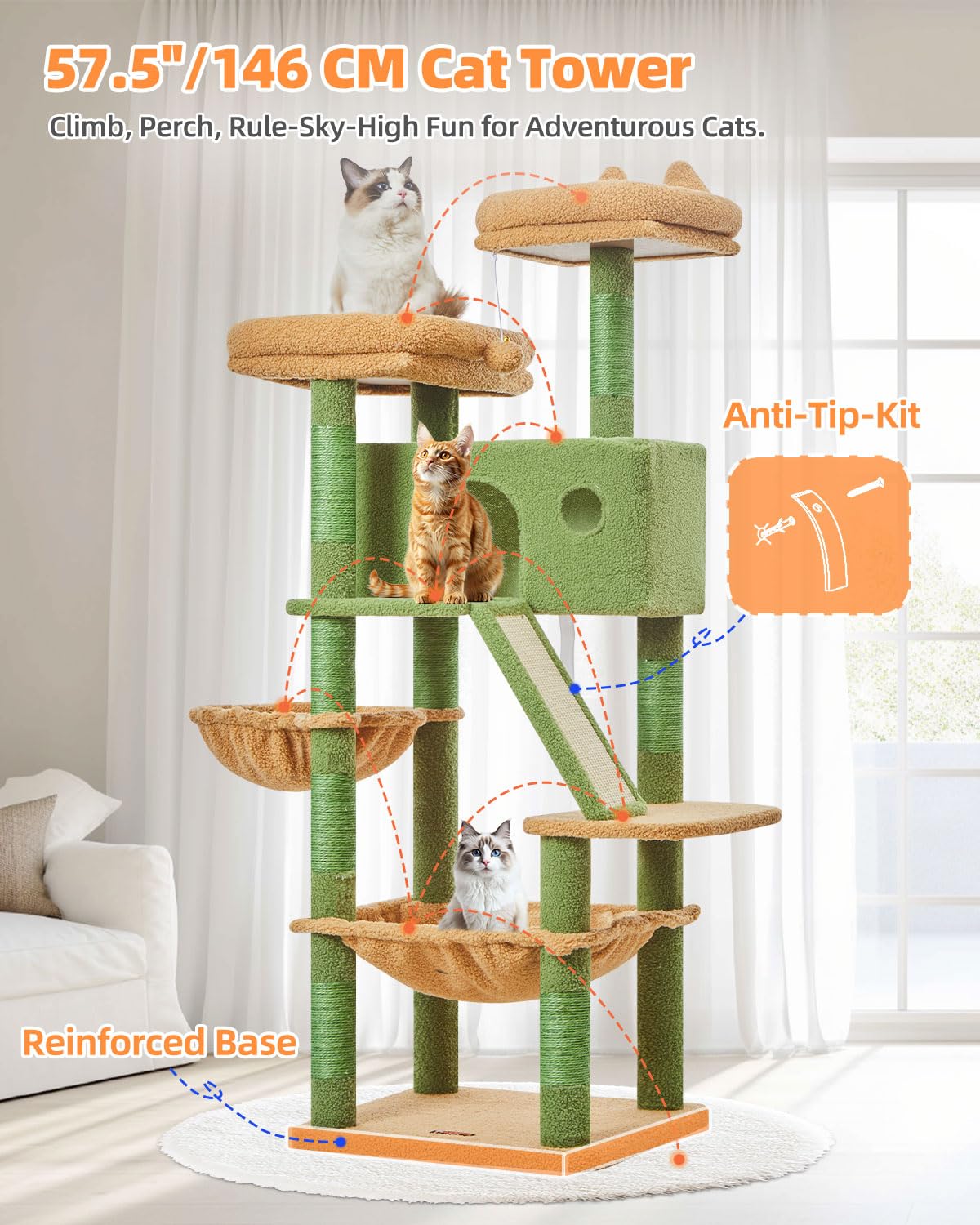 Taoqimiao 180CM Kratzbaum Groß, Katzenbaum Katzen Kratzbaum Grosse Katzen Stabil mit 2 Katzenhaus, Metallhängematte, Korb, 8 Kratzsäulen, Katzenkratztafel, MS026LM Beige