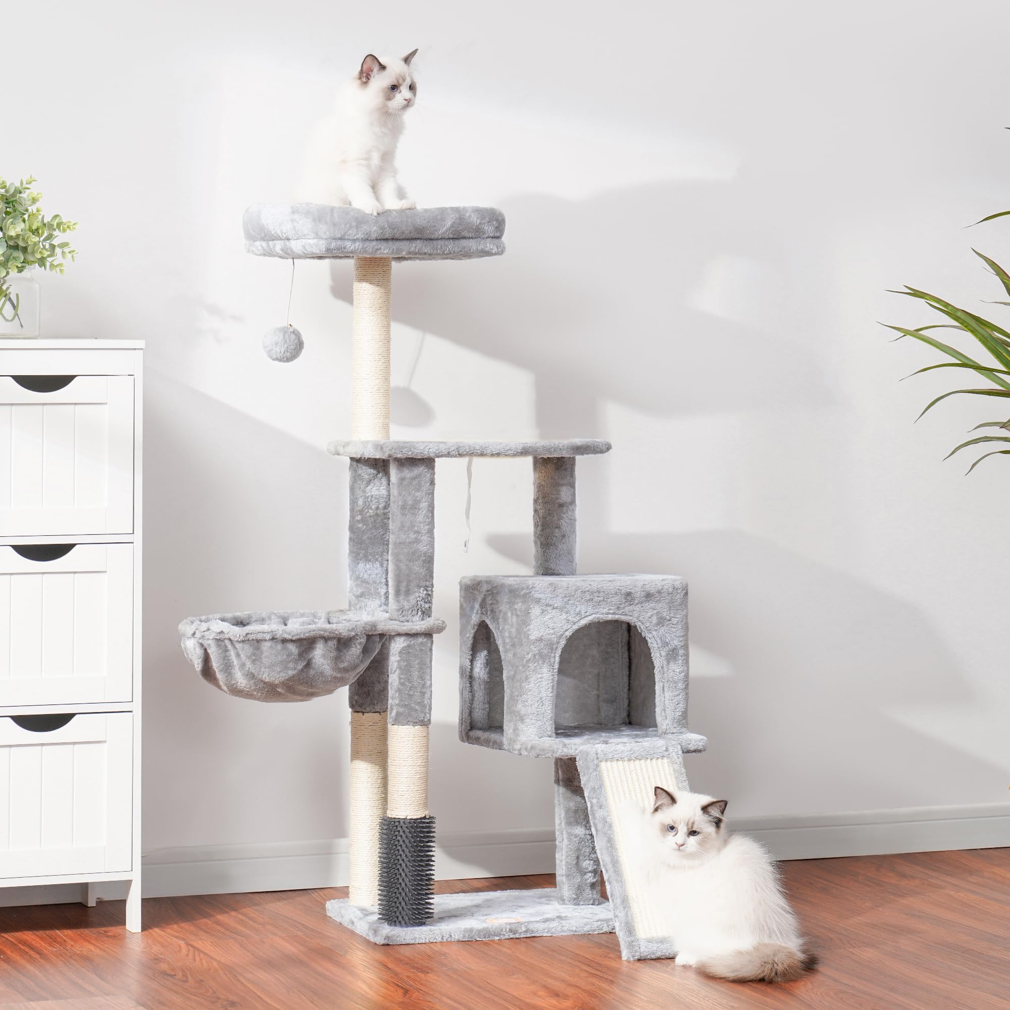 Heybly Kratzbaum mit Katzenbürste, Katzenbaum für Hauskatzen mit Gepolsterter Sitzstange aus Plüsch, Katzenkratzbaum mit Korb, Kratzbrett und Kratzbaum, Hellgrau HCT005SW