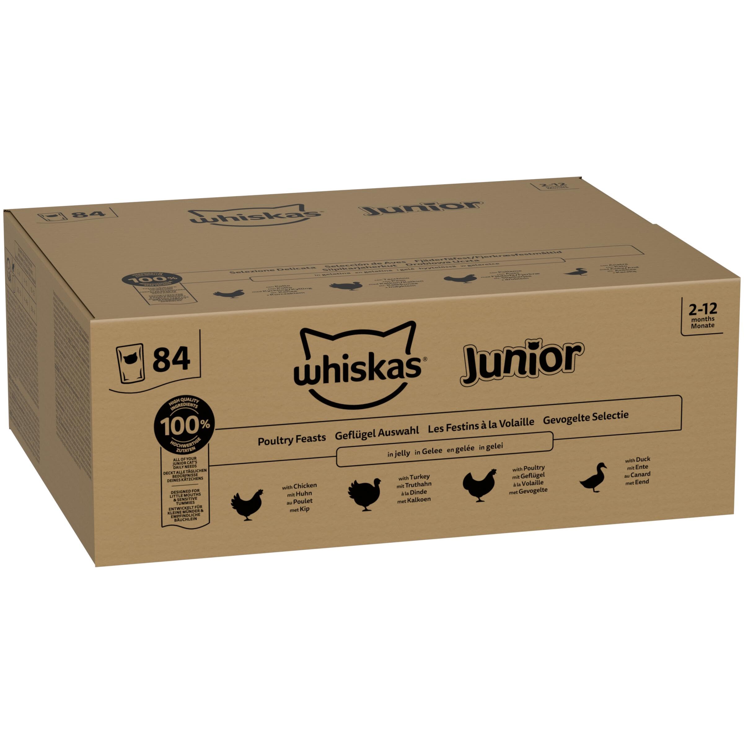 Whiskas Junior Katzennassfutter Klassische Auswahl in Sauce, 48 Portionsbeutel, 12x85g (4er Pack) – Hochwertiges Katzenfutter nass, für heranwachsende Katzen von 2 bis 12 Monaten