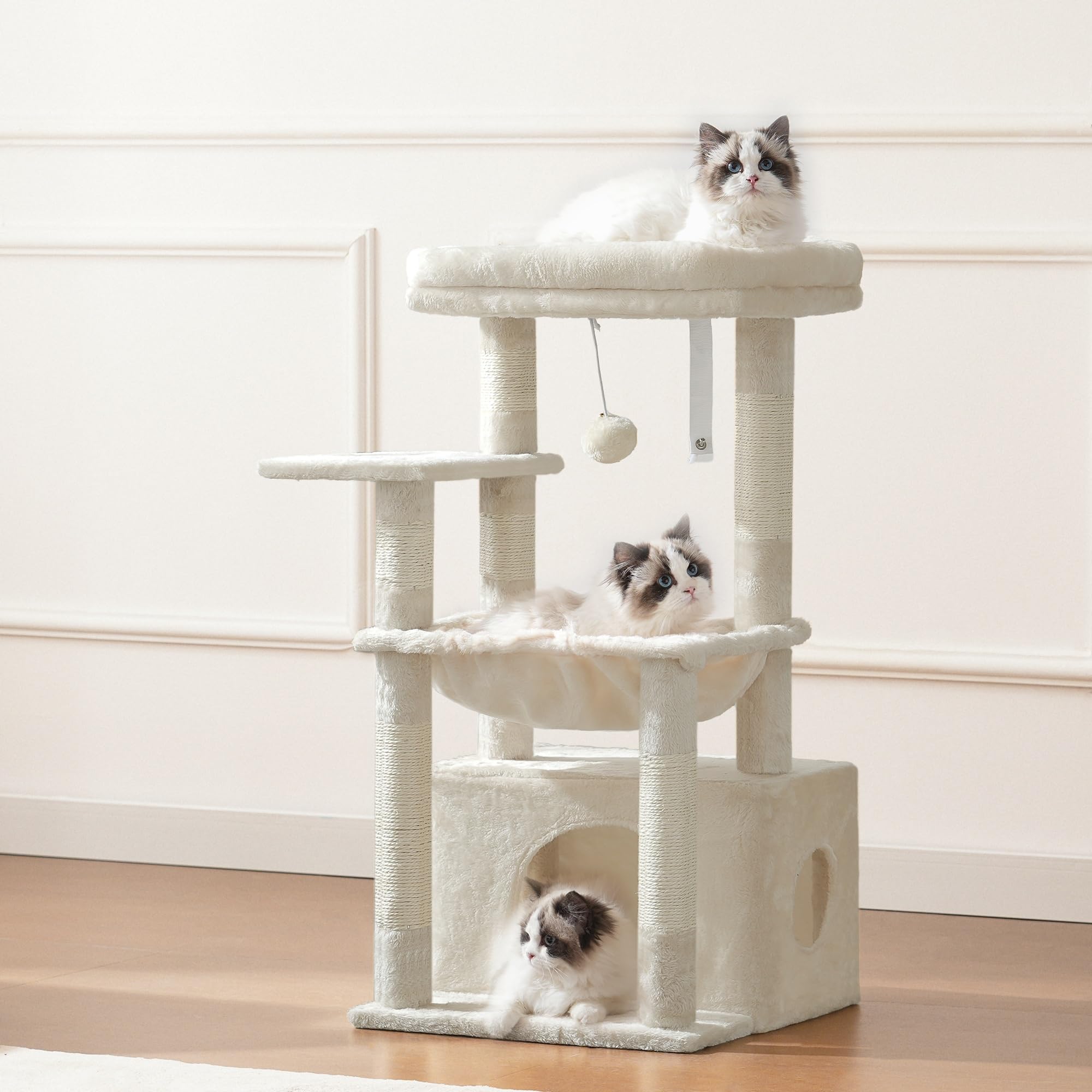Heybly Kratzbaum, Katzenbaum mit Extra Großem, Weichem Katzenkorb, Katzenkratzbaum mit Geräumigem Katzenbett und Verstecktem Schlafplatz, Robusten Sisal-Kratzsäulen, Hellgrau HCT008SW