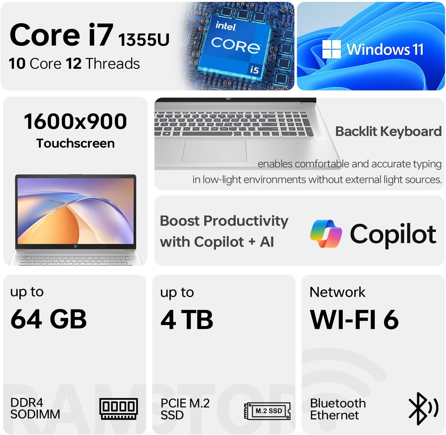 HP Essential 17t Business Laptop, 17.3" HD+ Touchscreen Display, Intel Core i7-1355U (> R5 7430U) High-Performance Tier Processor, 32GB RAM, 1TB SSD, HDMI, Fingerprint Reader, Wi-Fi 6, Windows 11 Home