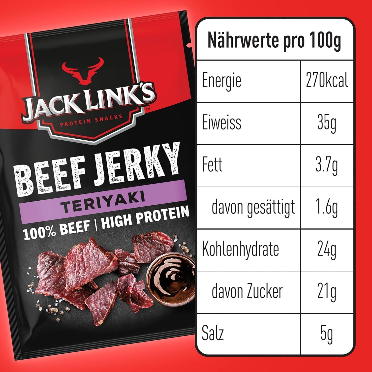 Jack Links Beef Jerky Original – 12er Pack (12 x 25g) – Trockenfleisch Eiweiß Snacks - High Protein Snack für Gym, Fitness, Outdoor - American Food für Menschen - Dörrfleisch Chips aus Rind Fleisch