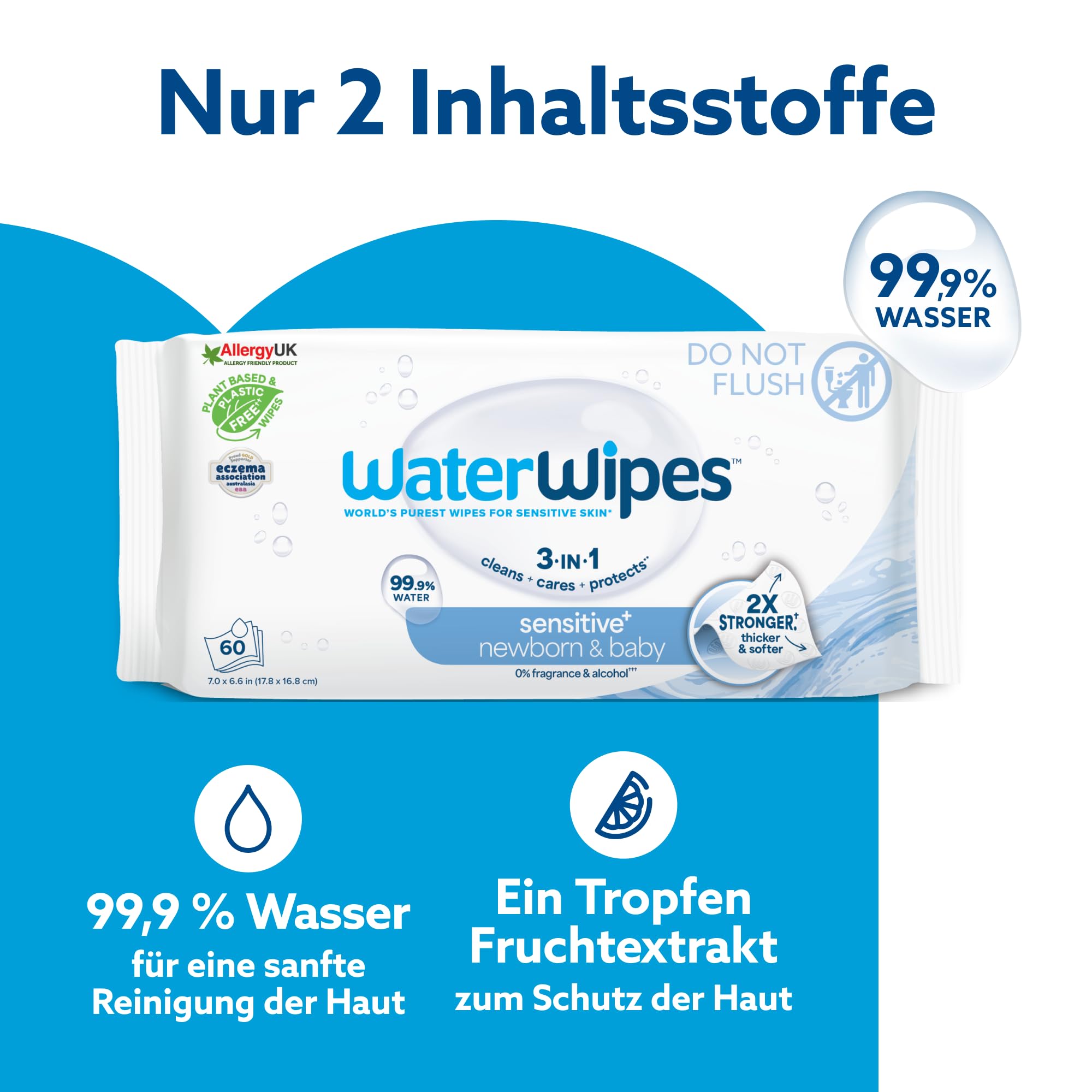 WaterWipes Sensitive+ Newborn & Baby Wipes, Feuchttücher für Neugeborene und Babys, 720 Stück (12 Packungen), 3-in-1-Reinigung, Pflege, Schutz, 99,9% Wasser, parfümfrei