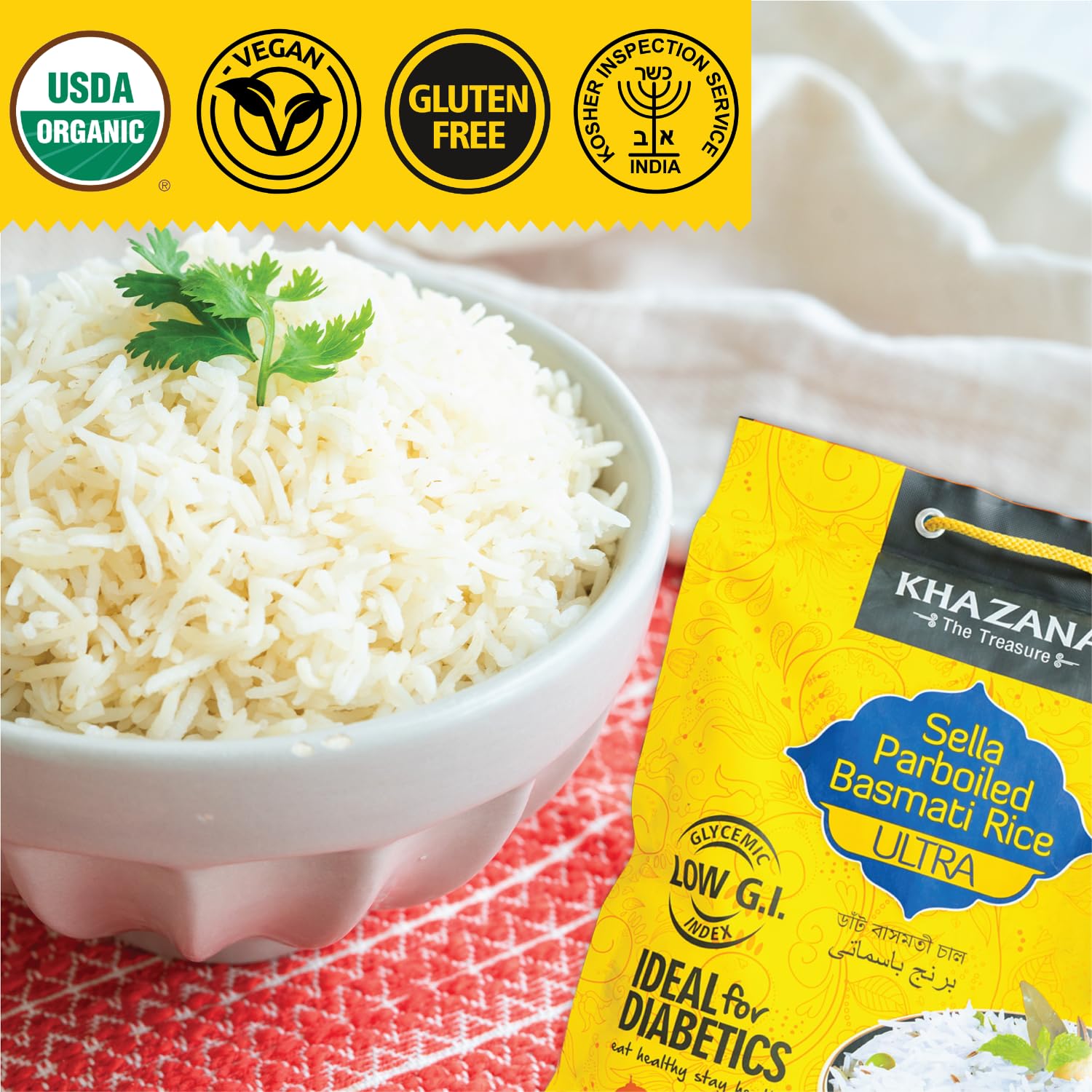Authentic Ultra Long Sella Parboiled Basmati Rice by Khazana in 10 lb Bag - Aromatic and Flavorful Indian Grain - Non-GMO, Gluten Free, Kosher, Cholesterol Free