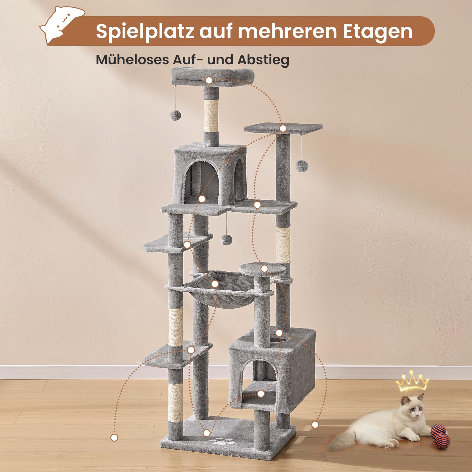 MSmask Kratzbaum groß, L Katzenbaum Stabil, Katzenkratzbaum mit 2 Plattformen, 2 Katzenhöhlen, Hängematte, Sisalsäulen, mehrstöckiger Kletterbaum für Katzen (Hellgrau, 160 cm)