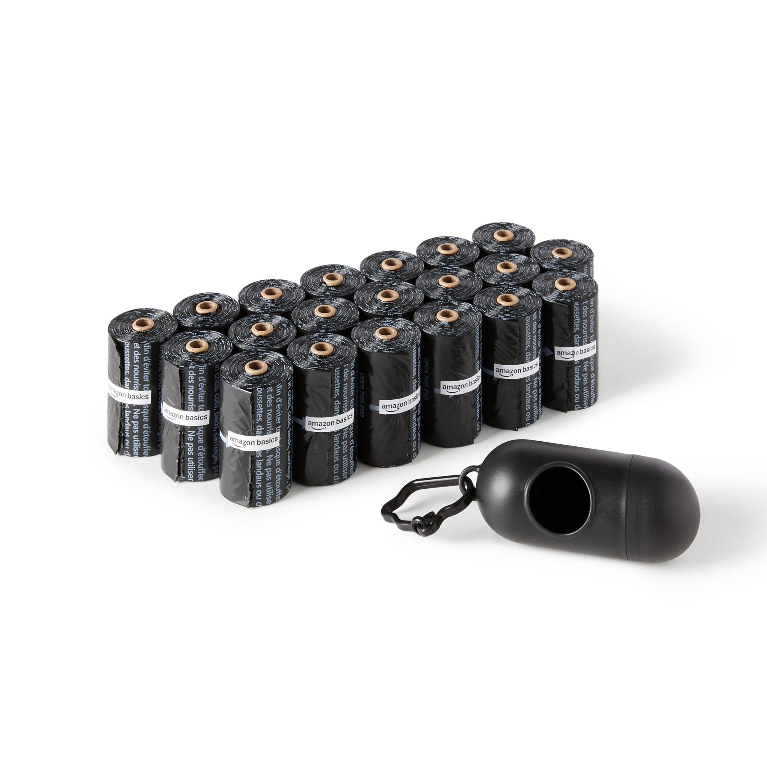 Amazon Basics Hundekotbeutel mit Spender und Leinenclip, Unparfümiert, 300 Beutel (20 Packungen mit je 15 Beuteln), Schwarz